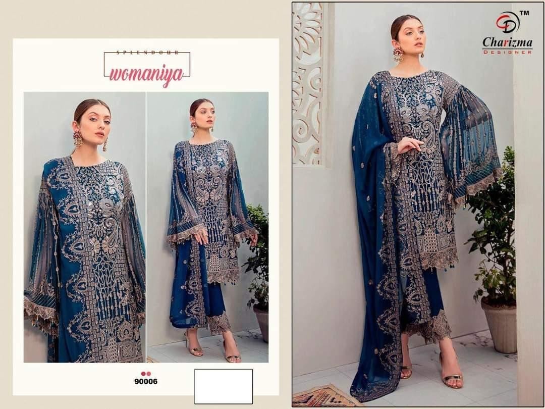 CHARIZMA DESIGNERS 90006 WOMANIYA BLUE GORGETTE PAKISTANI SUIT SINGAL PIESE AVAILABALE
