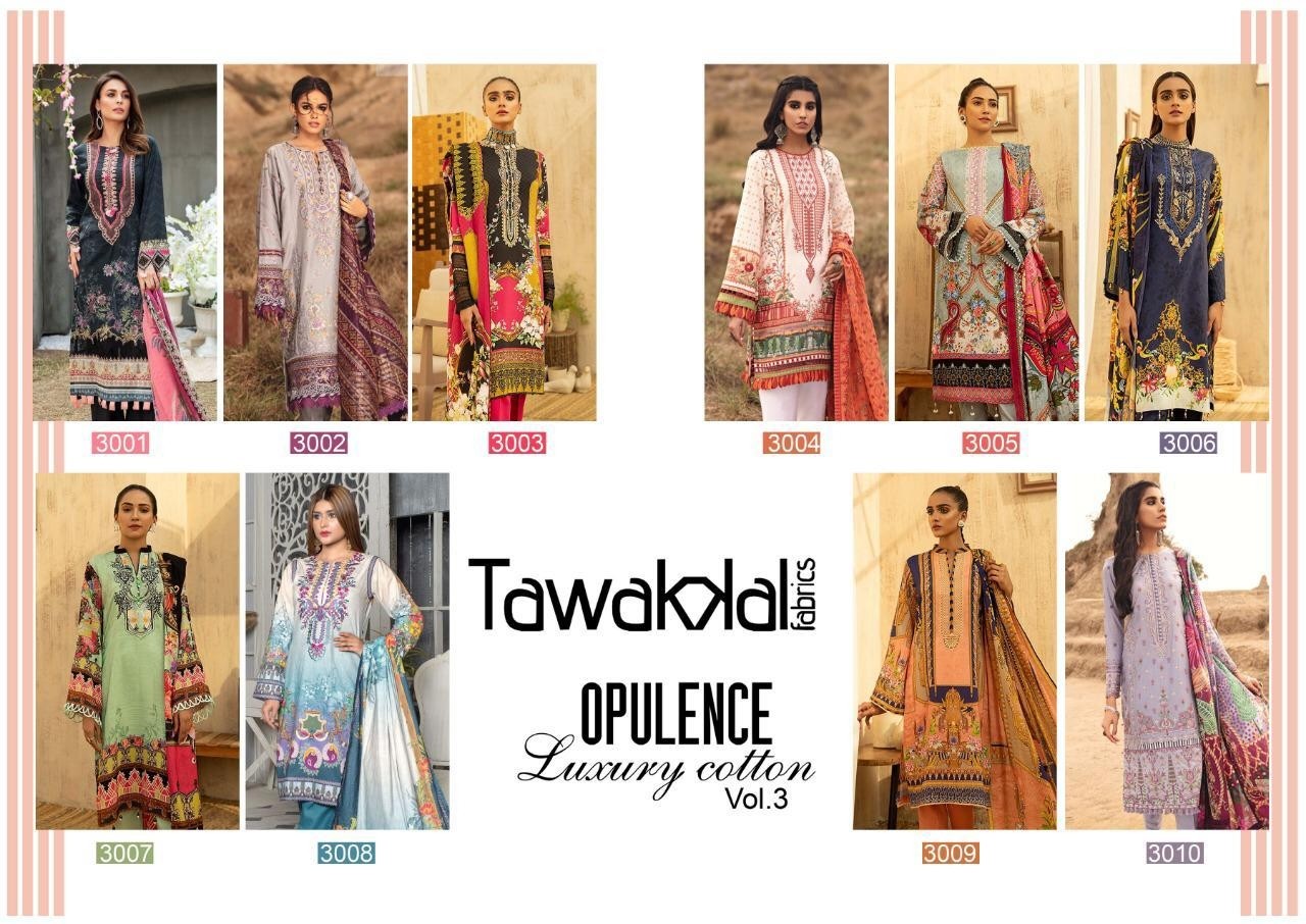 TAWAKKAL FAB 3003 OPULENCE LUXURY COTTON VOl 3 COTTON PRINT SALWAR KAMEEZ WHOLSALE PRICE