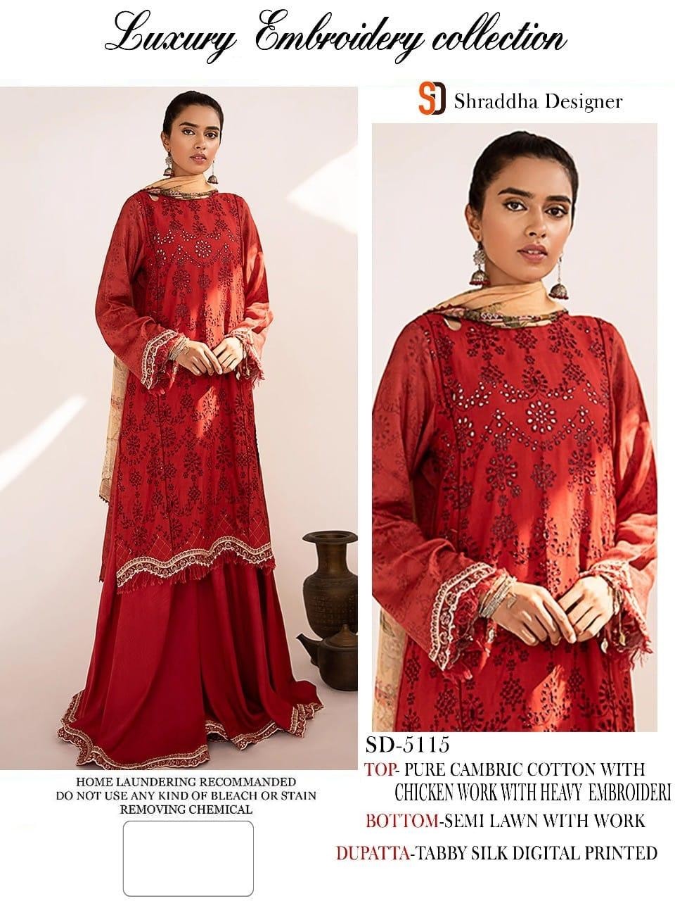 SHRADDHA DESIGNER 5115 LUXURY LAWN PREMIUM COLLETTION RED COLOUR PAKISTANI SUITS AVAILABAL