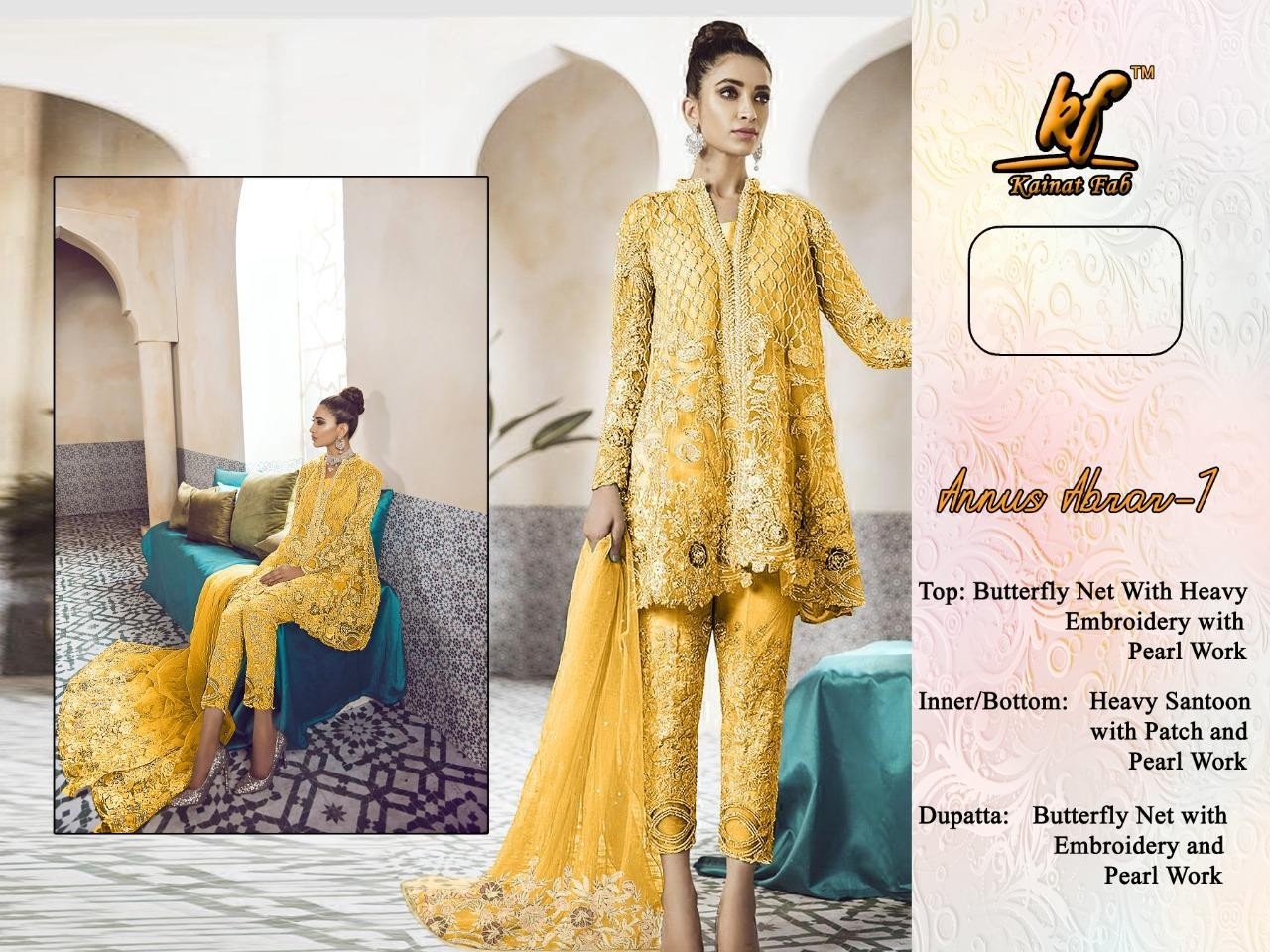 KAINAT FAB  ANNUS ABROV-1 YELLOW PAKISTANI SUIT NET SEQUENCE WORK WITH DIMOND