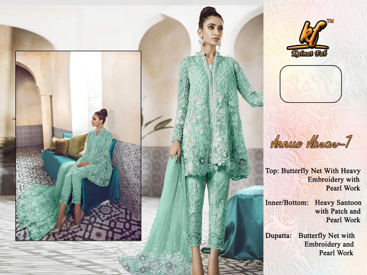 KAINAT FAB ANNUS ABROV-1 PAKISTANI SUIT NET SEQUENCE WORK WITH DIMOND
