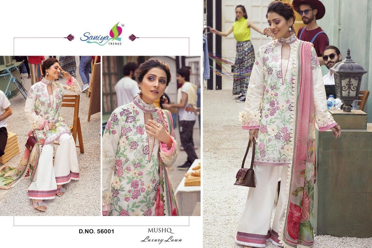 SANIYA TRENDZ 56001 MUSHQ LAXURY LAWN PAKISTANI SUITS BEST WHOLESALE PRICE