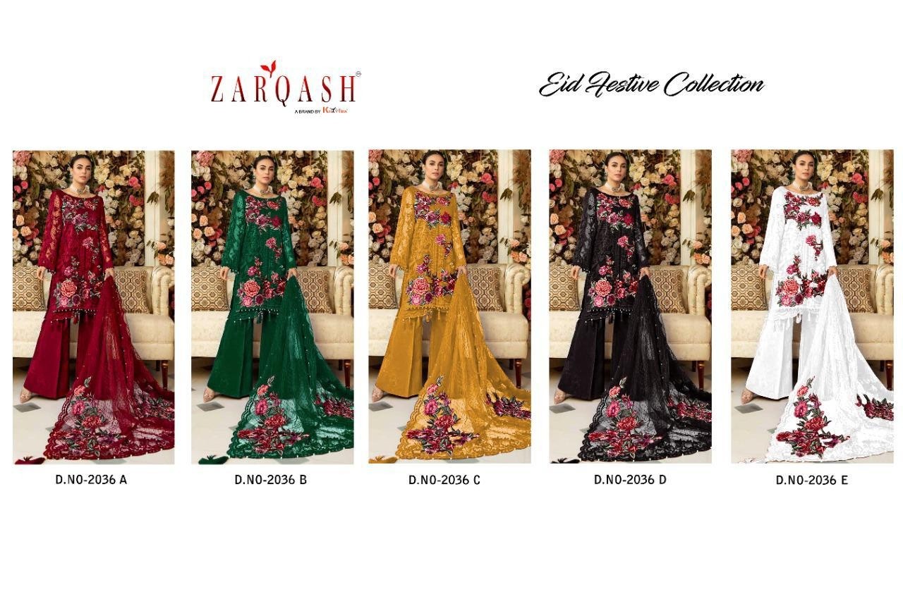 KHAYYIRA ZARQASH EID FESTIVE COLLECTION 2036-A TO 2036-E PAKISTANI SUITS BUTTERFLY NET DEALER 