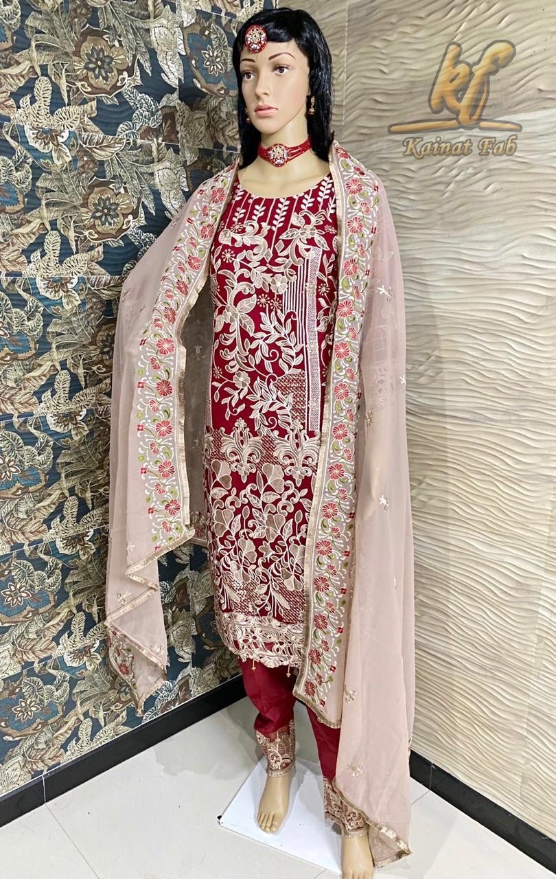 KAINAT FAB RAMSHA RANGOON RED SEQUENCE WORK GORGGETE