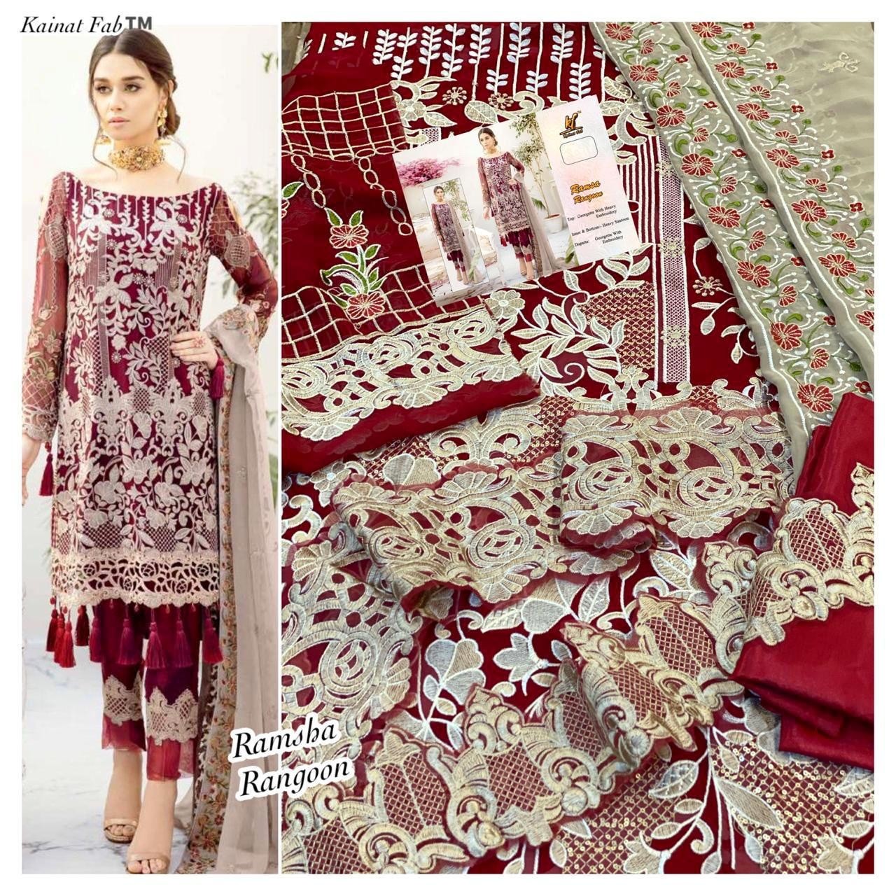 KAINAT FAB RAMSHA RANGOON RED SEQUENCE WORK GORGGETE
