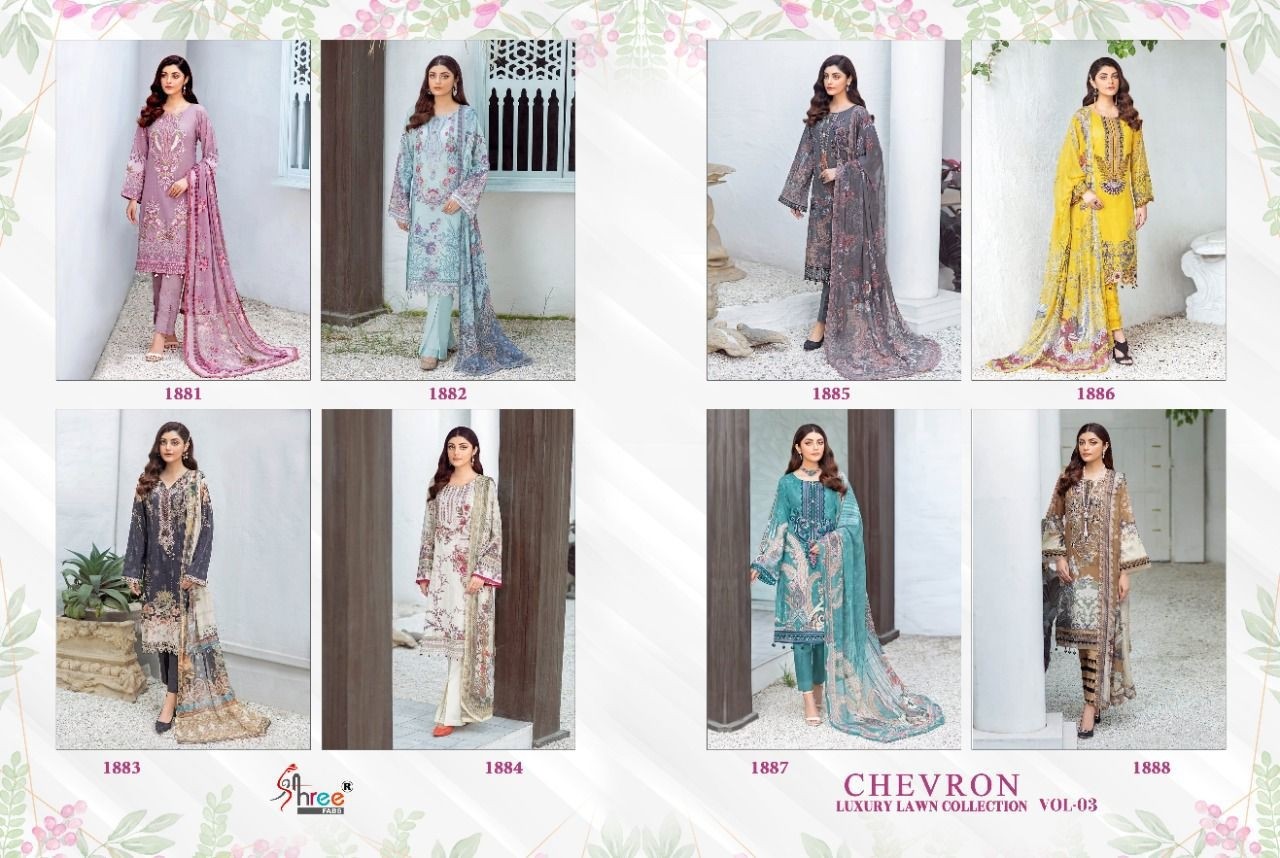 SHREE FABS CHEVRON LUXURY LAWN COLLECTION VOL-3 1881 TO 1888 PRINTED SUITS SURAT