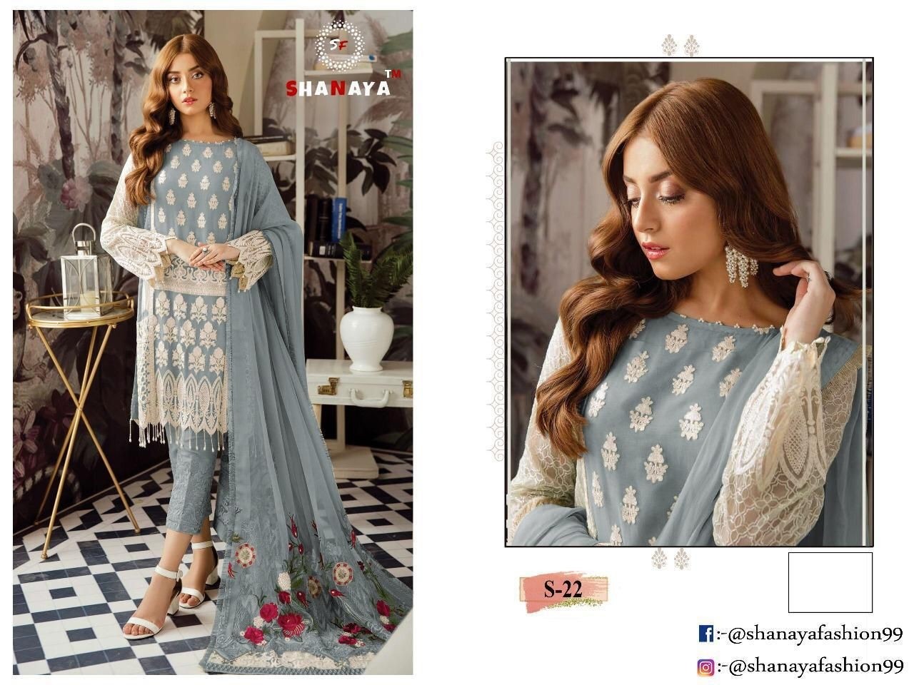 SHANAYA ROSE S-22-C GREY PAKISTANI SALWAAR KAMEEZ SINGALE WHOLESALE