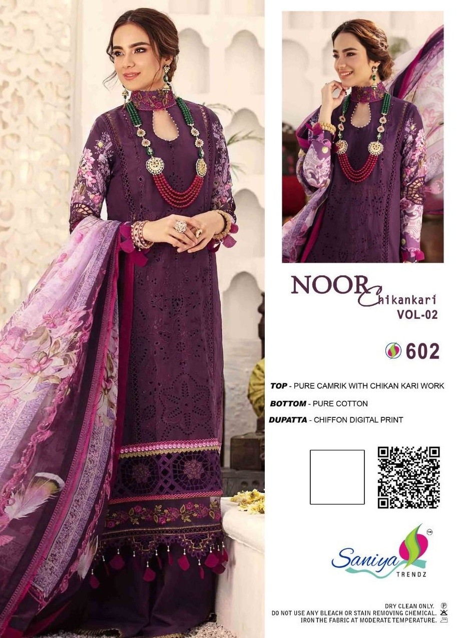 SANIYA TRENDZ NOOR CHIKANKARI VOL-2 602 PAKISTANI SUITS NEW LAUNCHING