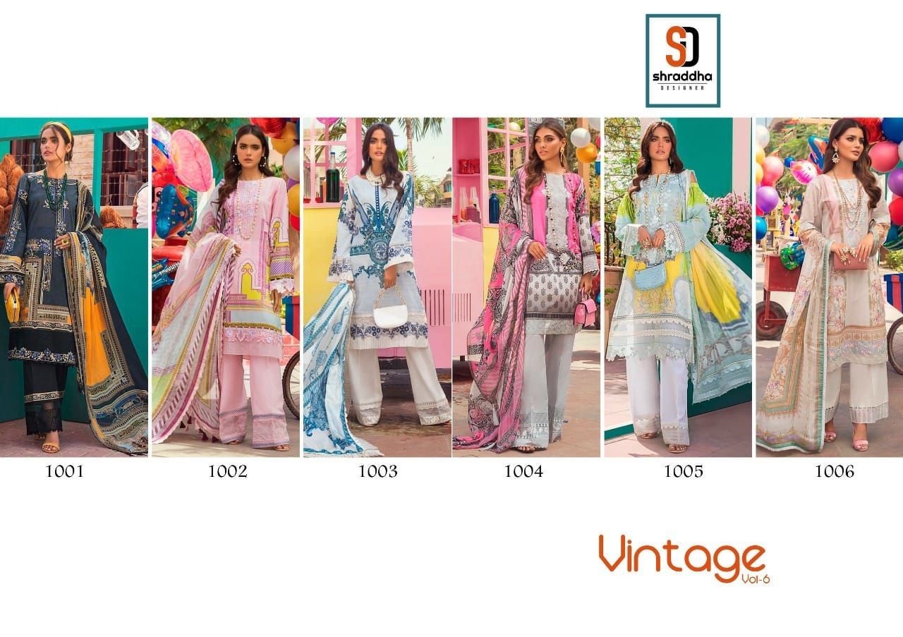 SHRADDHA DESIGNER VINTAGE VOL 6 1001TO1006 KARACHI PRINTED SUITS SINGALE DEALER