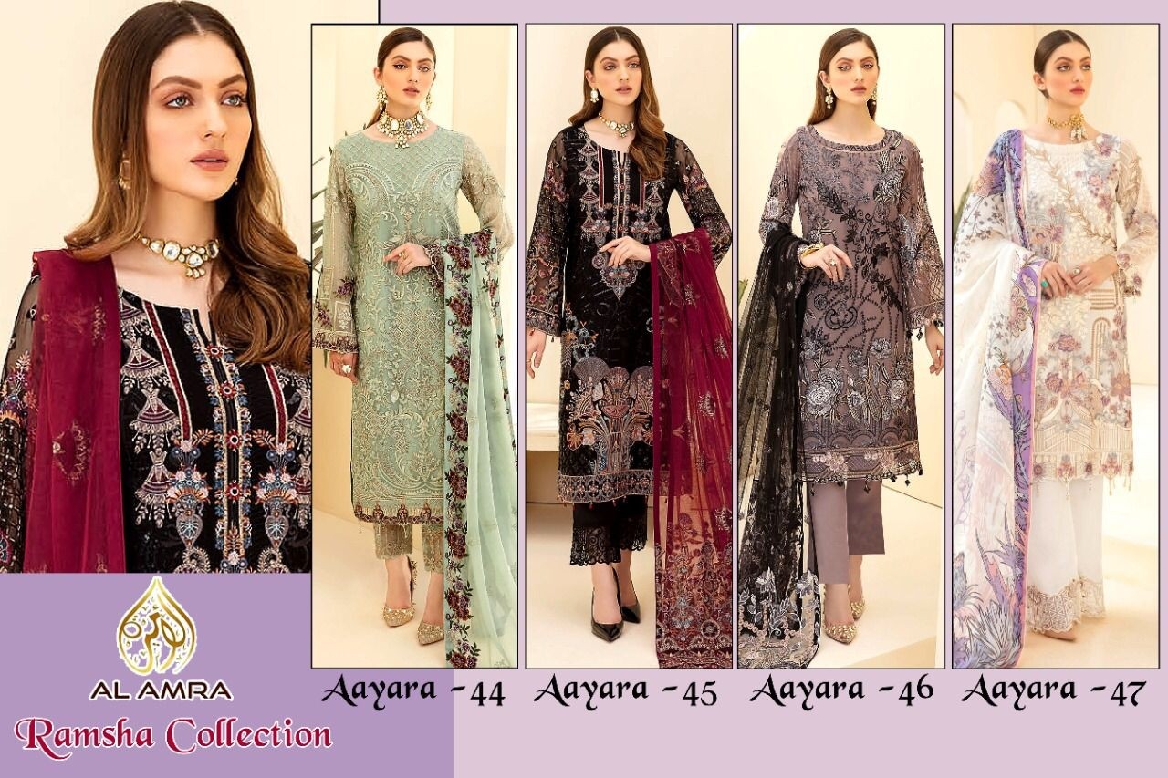 AL AMRA RAMSHA COLLECTION AAYARA 47 LATEST PAKISTANI SUITS WHOLESALE DEALER