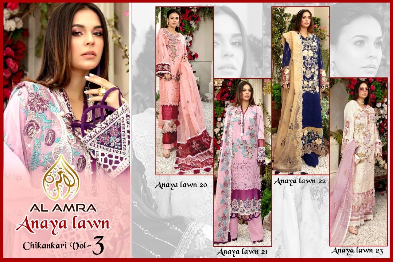 AL AMRA ANAYA LAWN CHIKANKARI VOL 3 23 NEW PAKISTANI SUITS SINGLE ONLINE