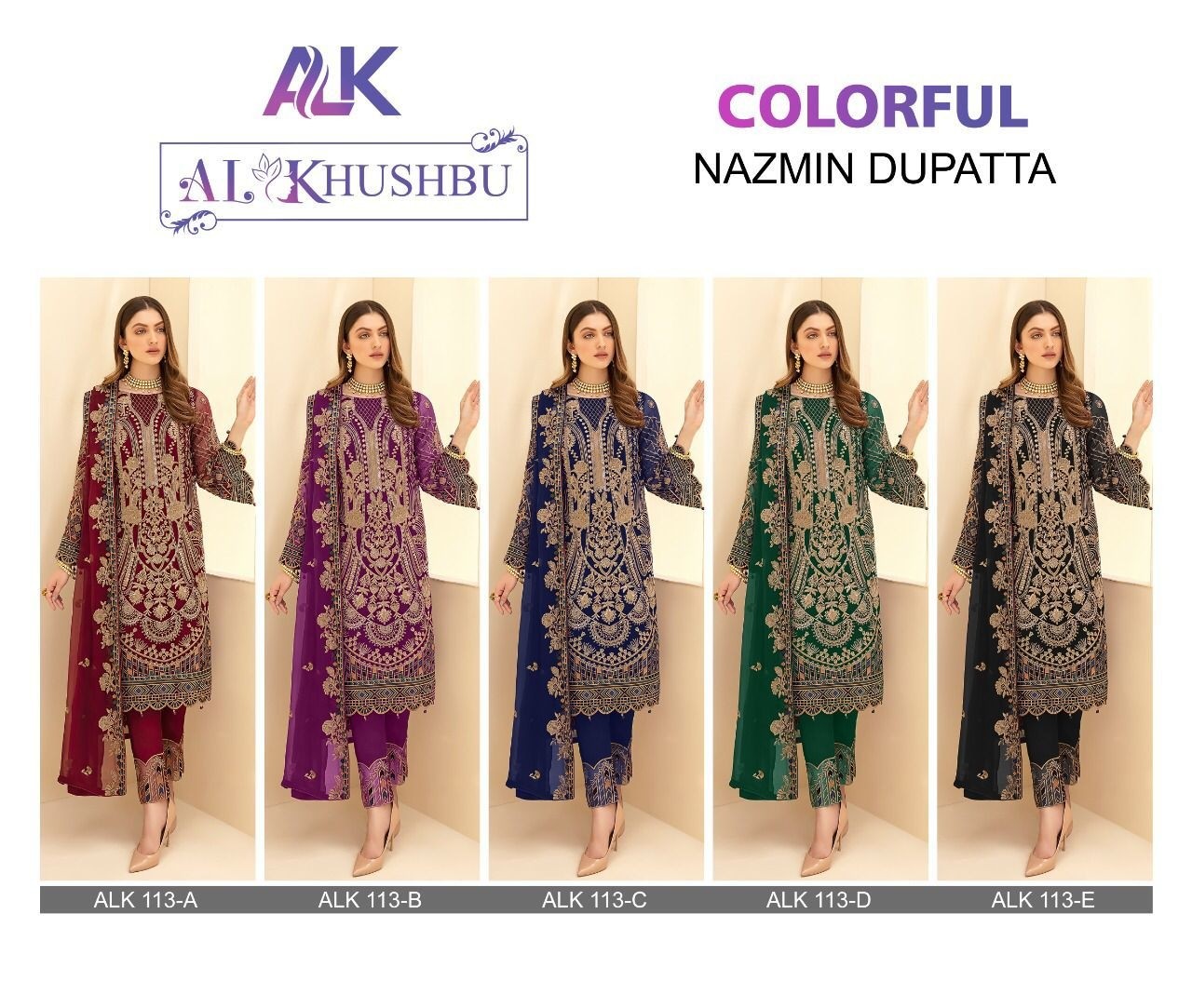 AL KHUSHBU ALK 113 B COLOR FULL NAZMIN DUPATTA PAKISTANI SUITS WHOLESALE