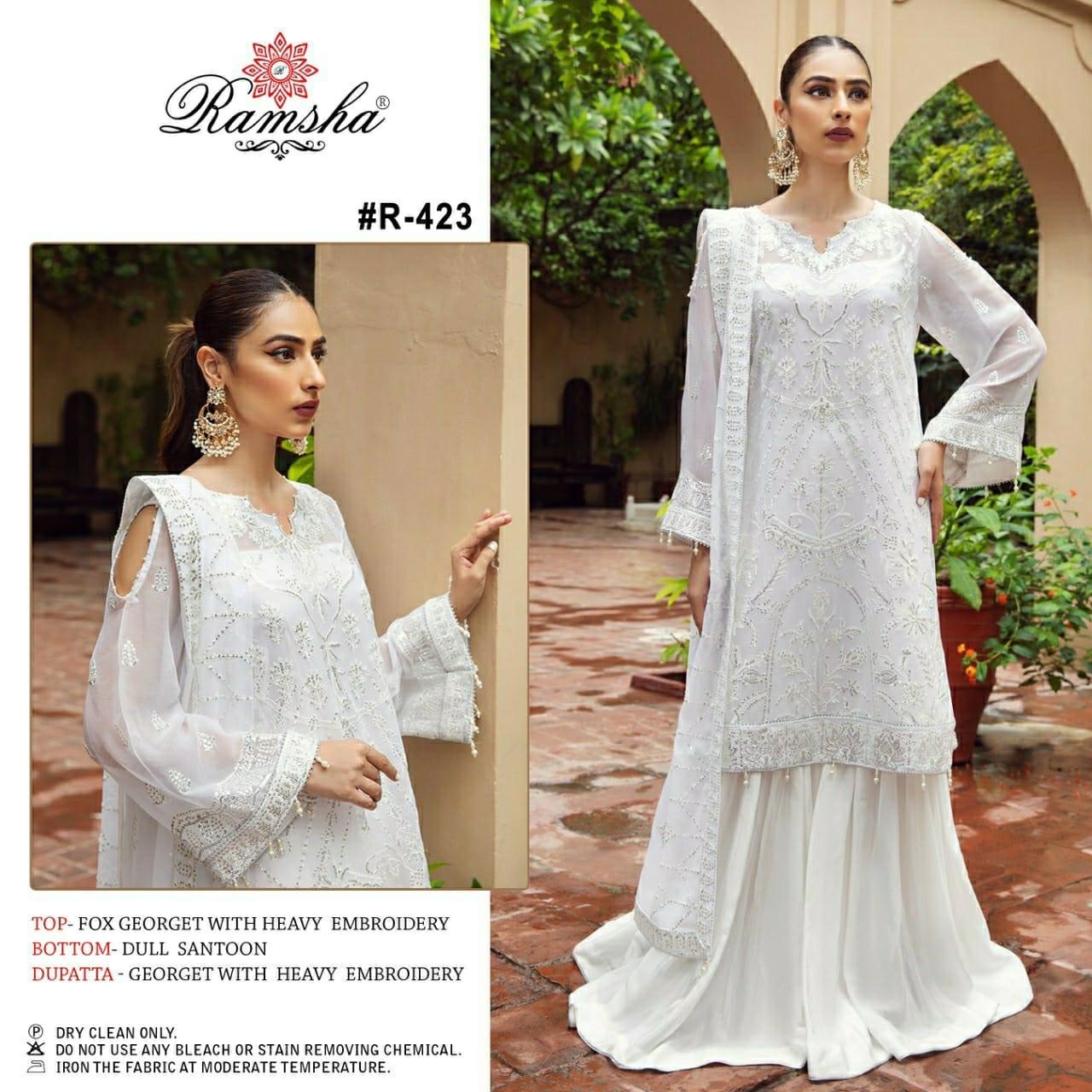 RAMSHA WHIGHT R 423 SALWAR KAMEEZ EMBROIDERY WORK