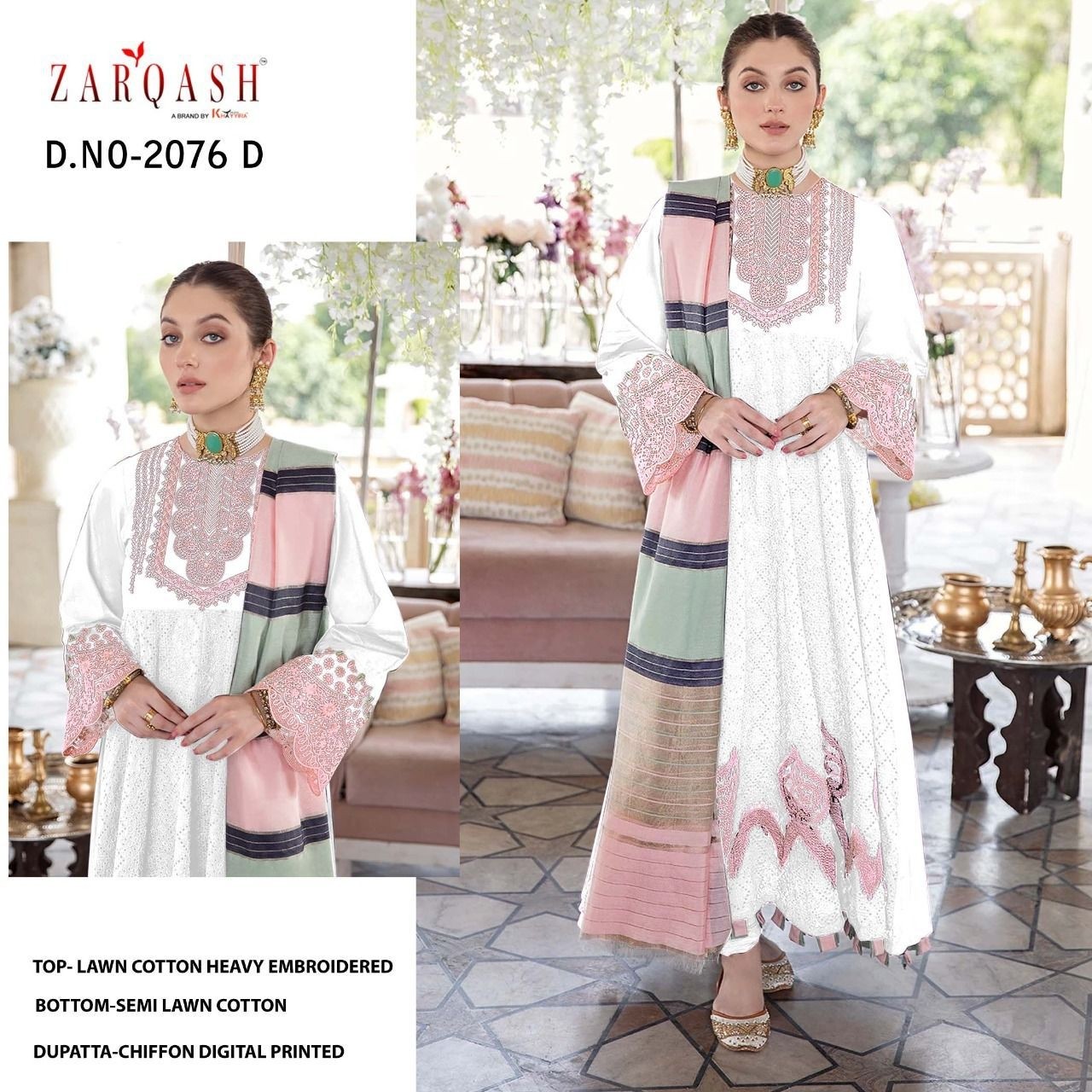 ZARQASH KHAYYIRA SUITS NOOR JAHAN 2076 D SEMI LAWN COTTON SUITS