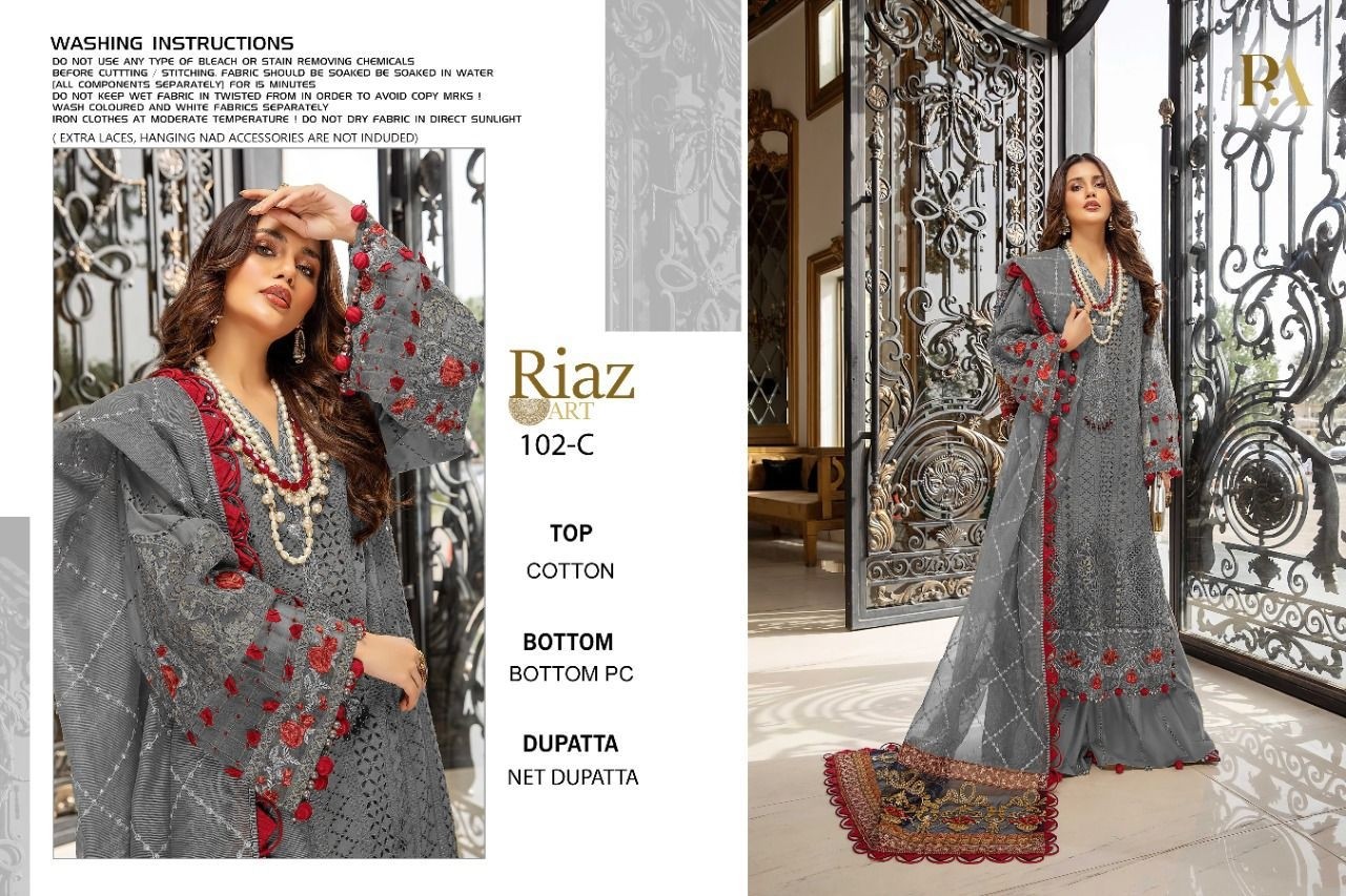 RIAZ ART 102 C PURE COTTON PAKISTANI SUITS FREE SHIPPING AVAILABLE