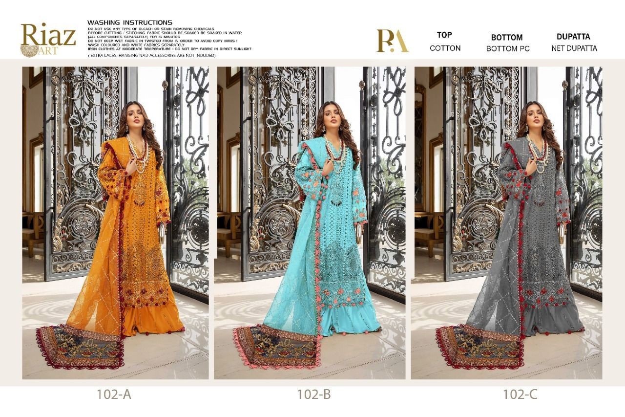 RIAZ ART 102 B PURE COTTON PAKISTANI SUITS WHOLESALE ONLINE