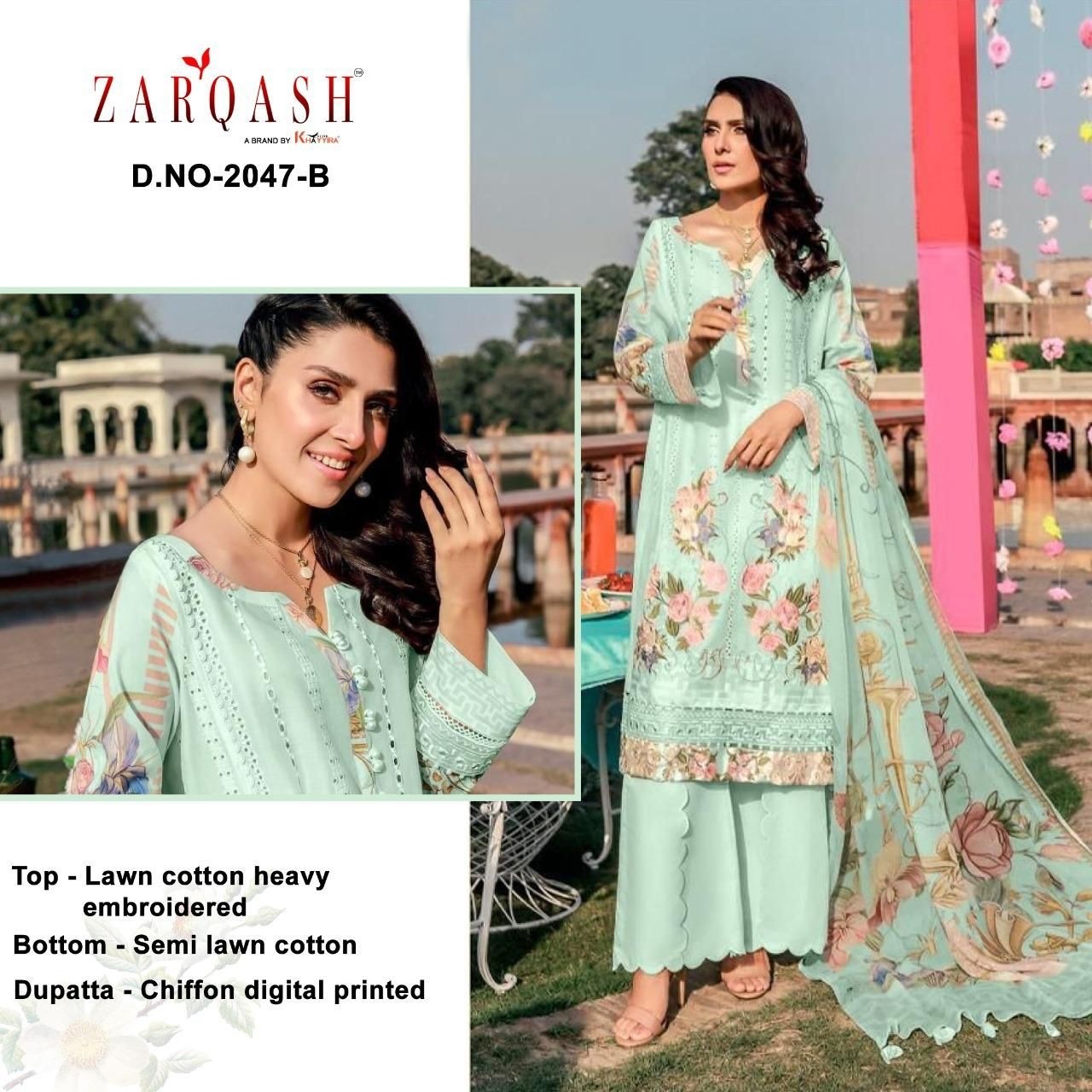 ZARQASH ROUCHE VOL 2 DN 2047 B PAKISTANI SUITS SEMI LAWN