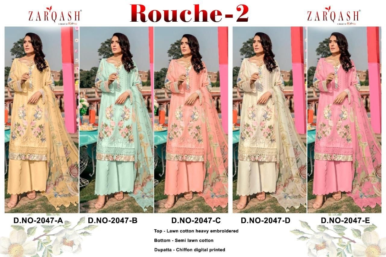 ZARQASH ROUCHE VOL 2 DN 2047 B PAKISTANI SUITS SEMI LAWN