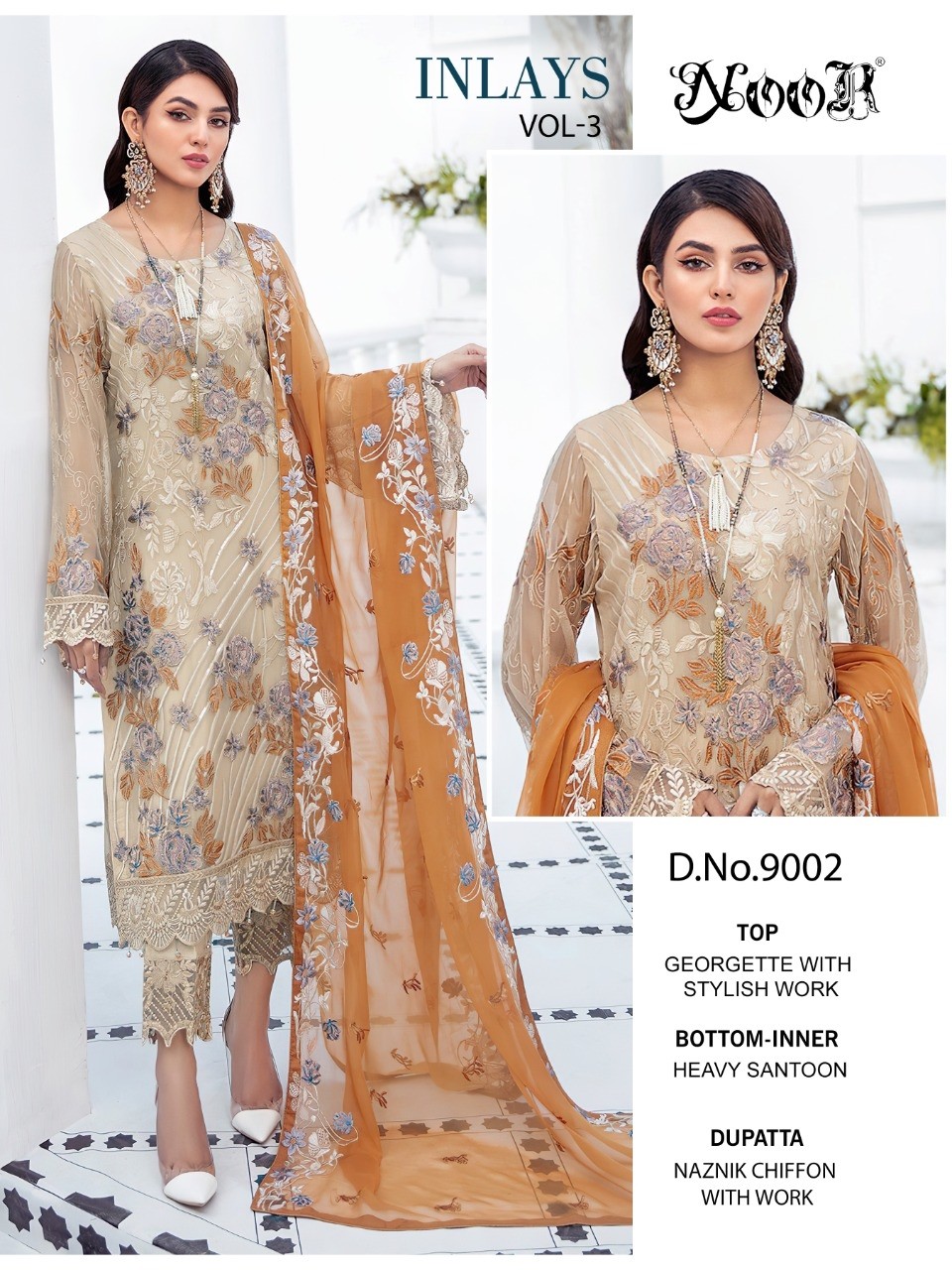 NOOR INLAYS VOL 3 9000 TO 9003 PAKISTANI SUITS BY SINGLE