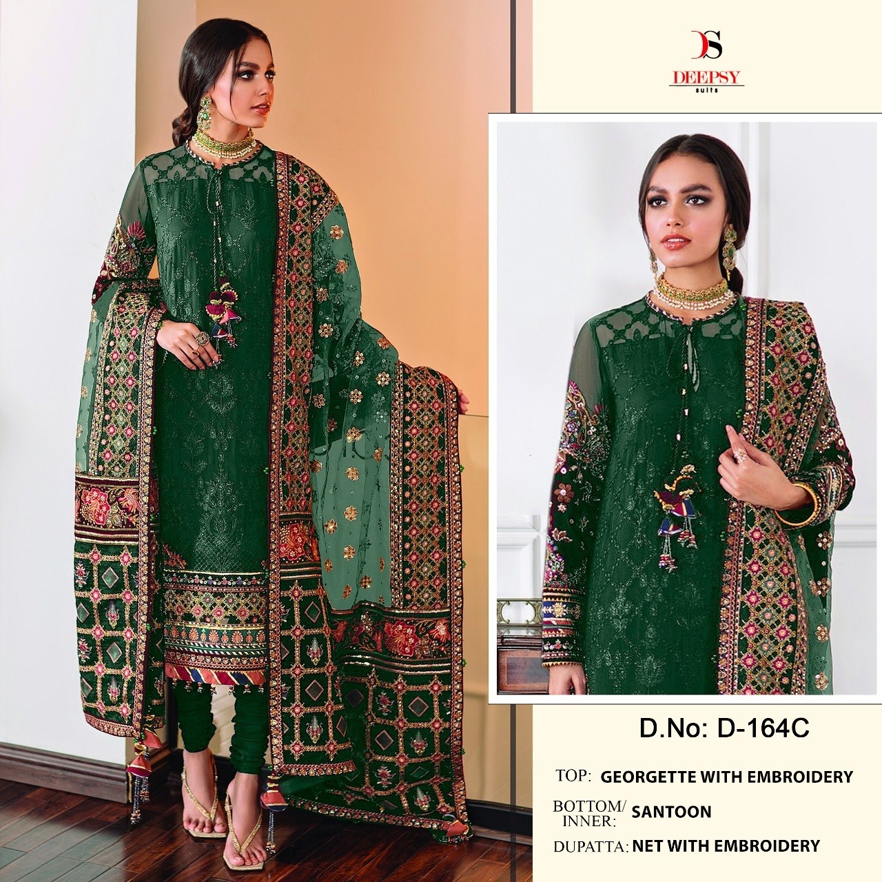 DEEPSY SUITS D 164C GREEN PAKISTANI DESIGNER SUITS SINGLE AVAILABLE