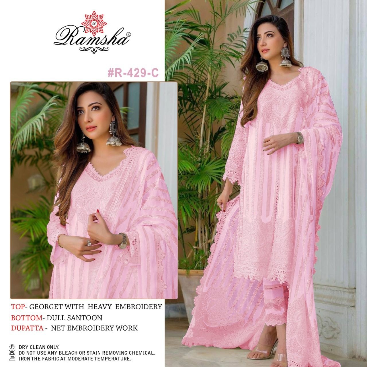RAMSHA R 429 C PINK PAKISTANI DESIGNER SUITS WHOLESALER 