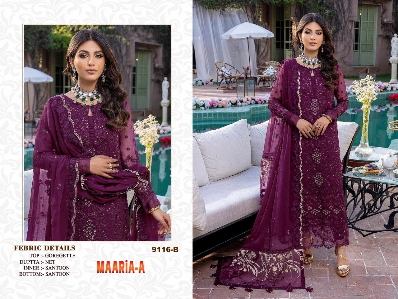 MAARIA A 9116 A TO 9116 E PAKISTANI SUITS SUPPLIER BY SINGLE
