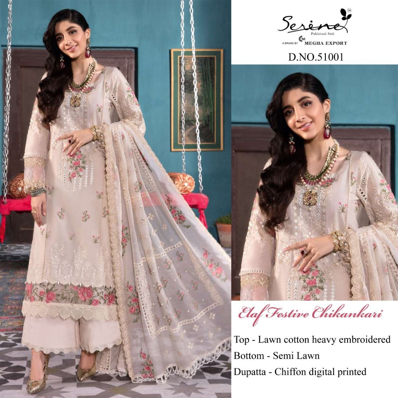 SERINE ELAF FESTIVE CHIKANKARI 51001 TO 51005 STYLISH PAKISTANI SUITS SINGLE