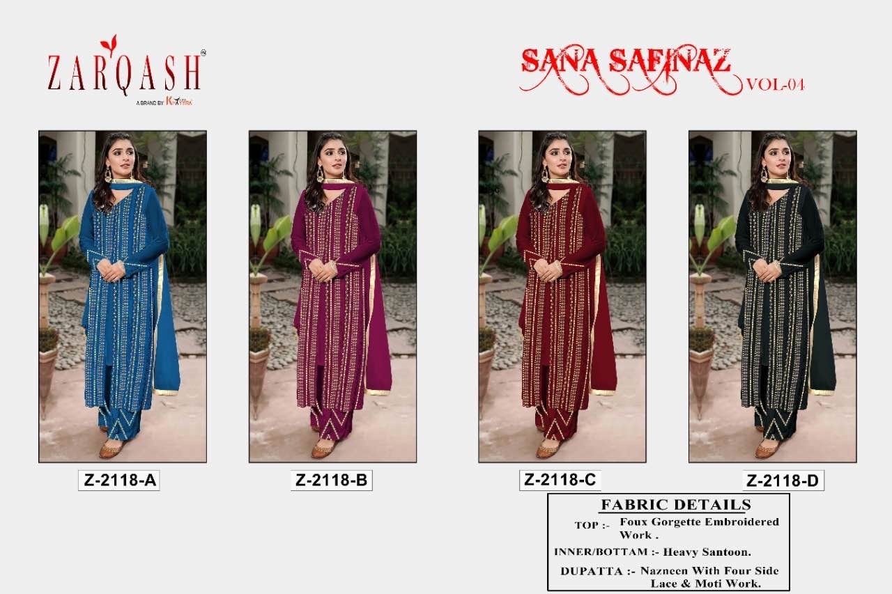 ZARQASH Z 2118 A TO Z 2118 D SANA SAFINAZ VOL 4 PAKISTANI SUITS WHOLESALER