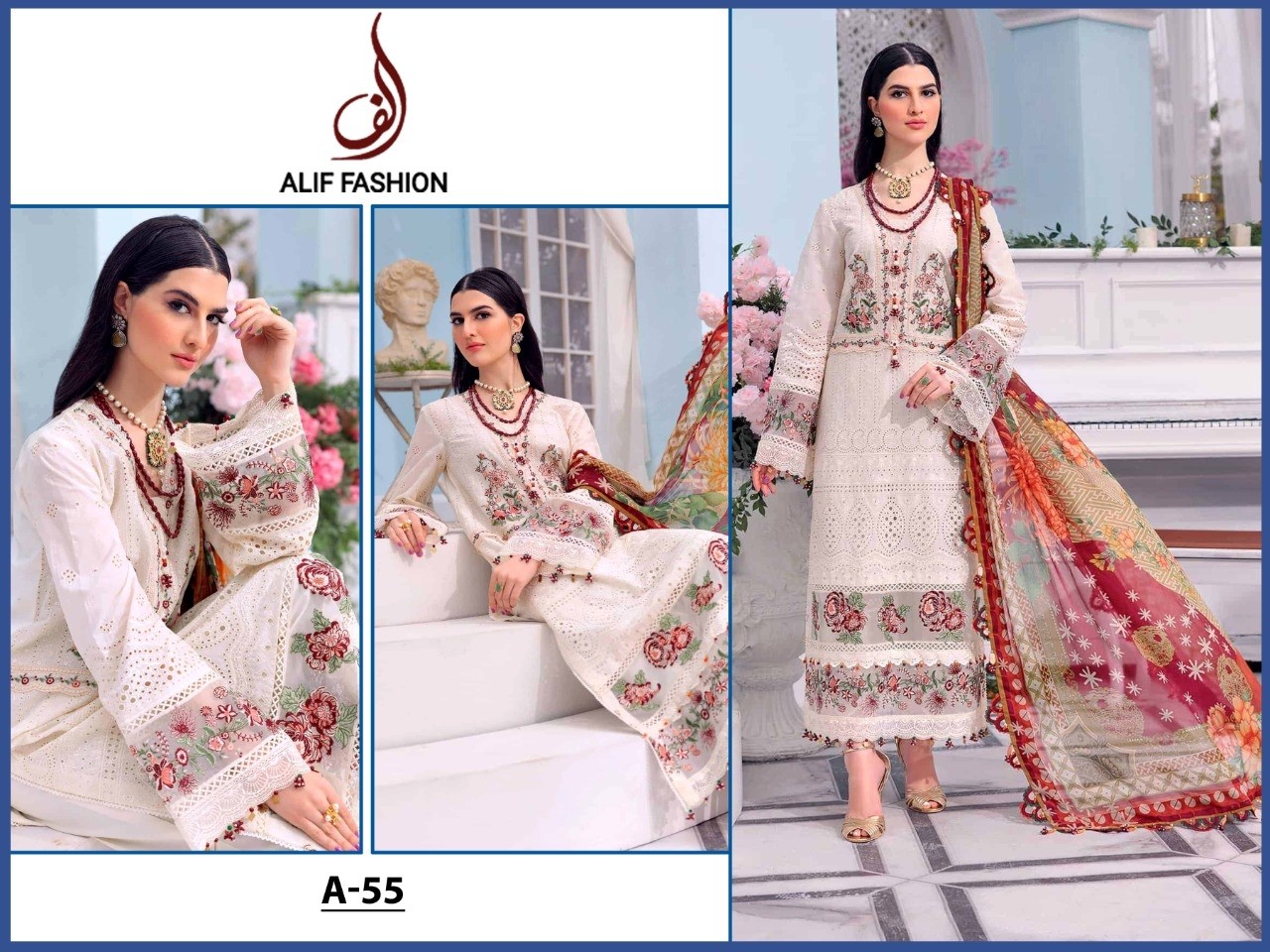 ALIF FASHION A 55 WHITE LATEST PAKISTANI DRESS