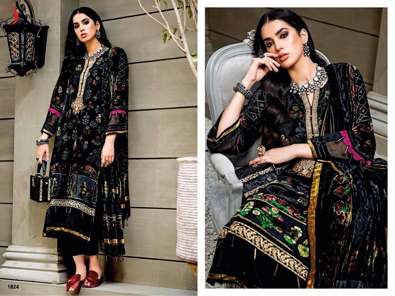 DEEPSY SUITS WINTER VELVET 1564 BLACK PAKISTANI SUITS WHOLESALE SINGLE