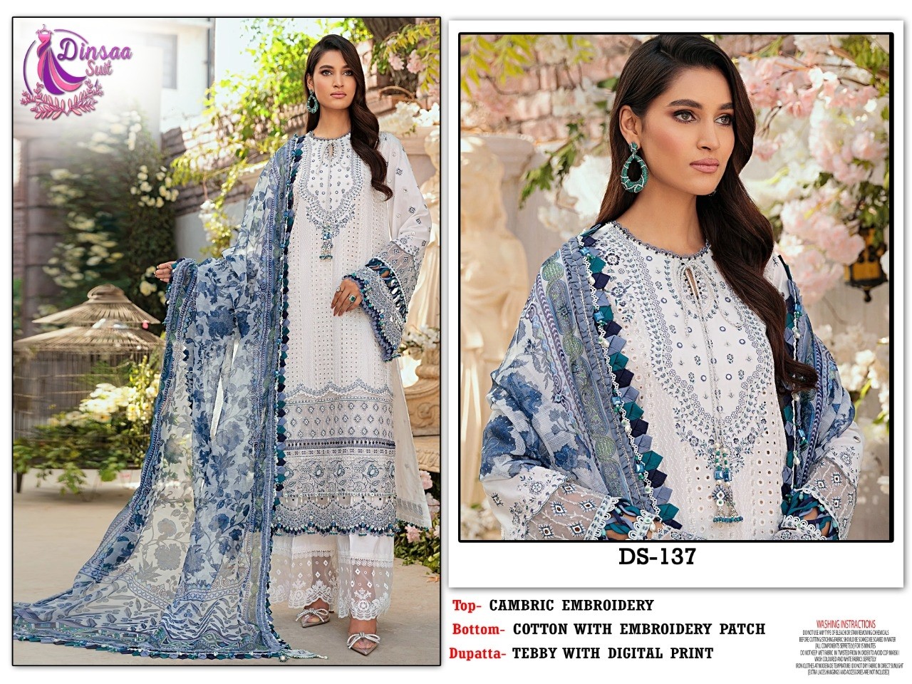 DINSAA SUIT ROOHI DS 137 CAMBRIC EMBROIDERED PAKISTANI DRESS MATERIAL