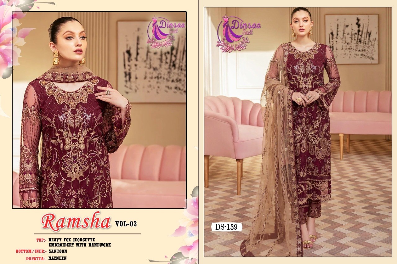 DINSAA SUIT 139 TO 141 RAMSHA HIT VOL 3 PAKISTANI SUITS WHOLESALER
