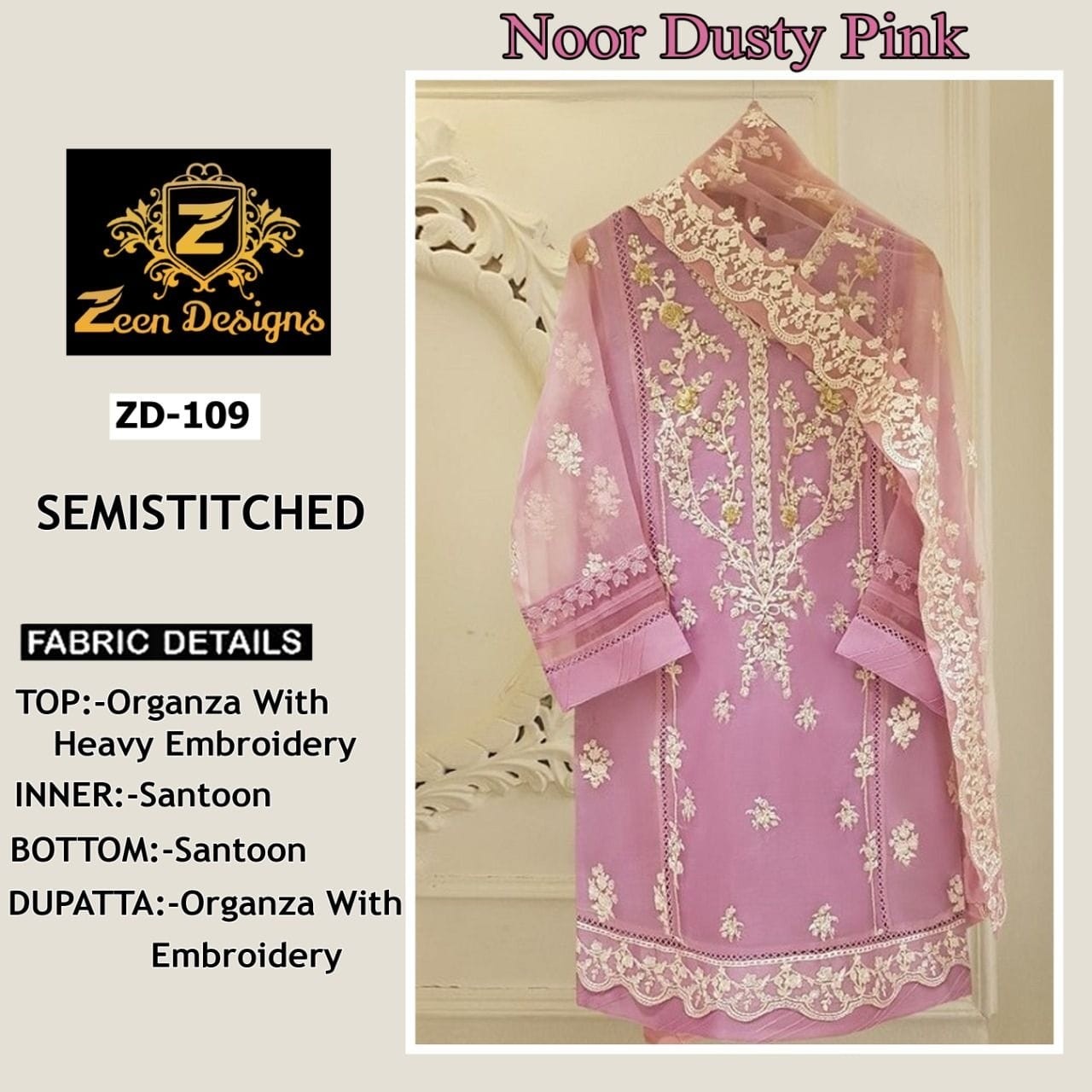 ZEEN DESIGNS ZD 109 NOOR DUSTY PINK PAKISTANI SUITS 