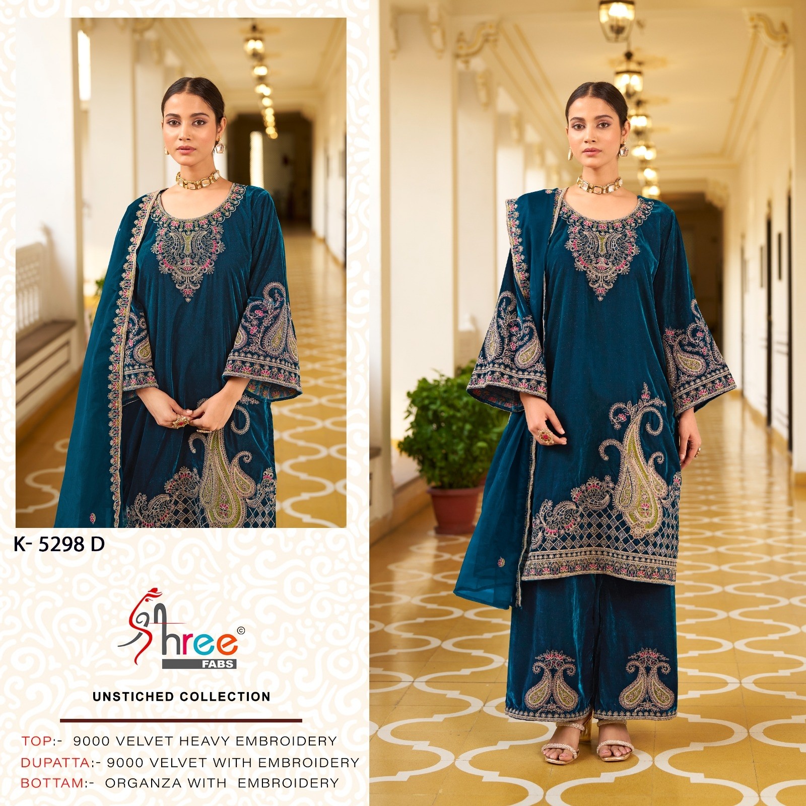 SHREE FABS K 5298 A TO K 5298 D PAKISTANI SUITS 9000 VELVET