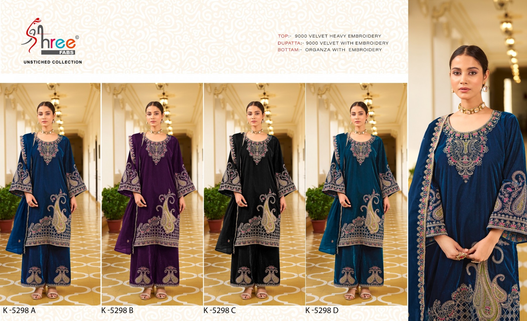 SHREE FABS K 5298 A TO K 5298 D PAKISTANI SUITS 9000 VELVET