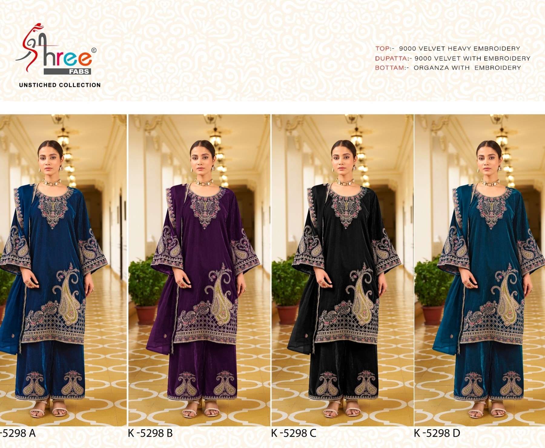 SHREE FABS K 5298 A TO K 5298 D PAKISTANI SUITS 9000 VELVET