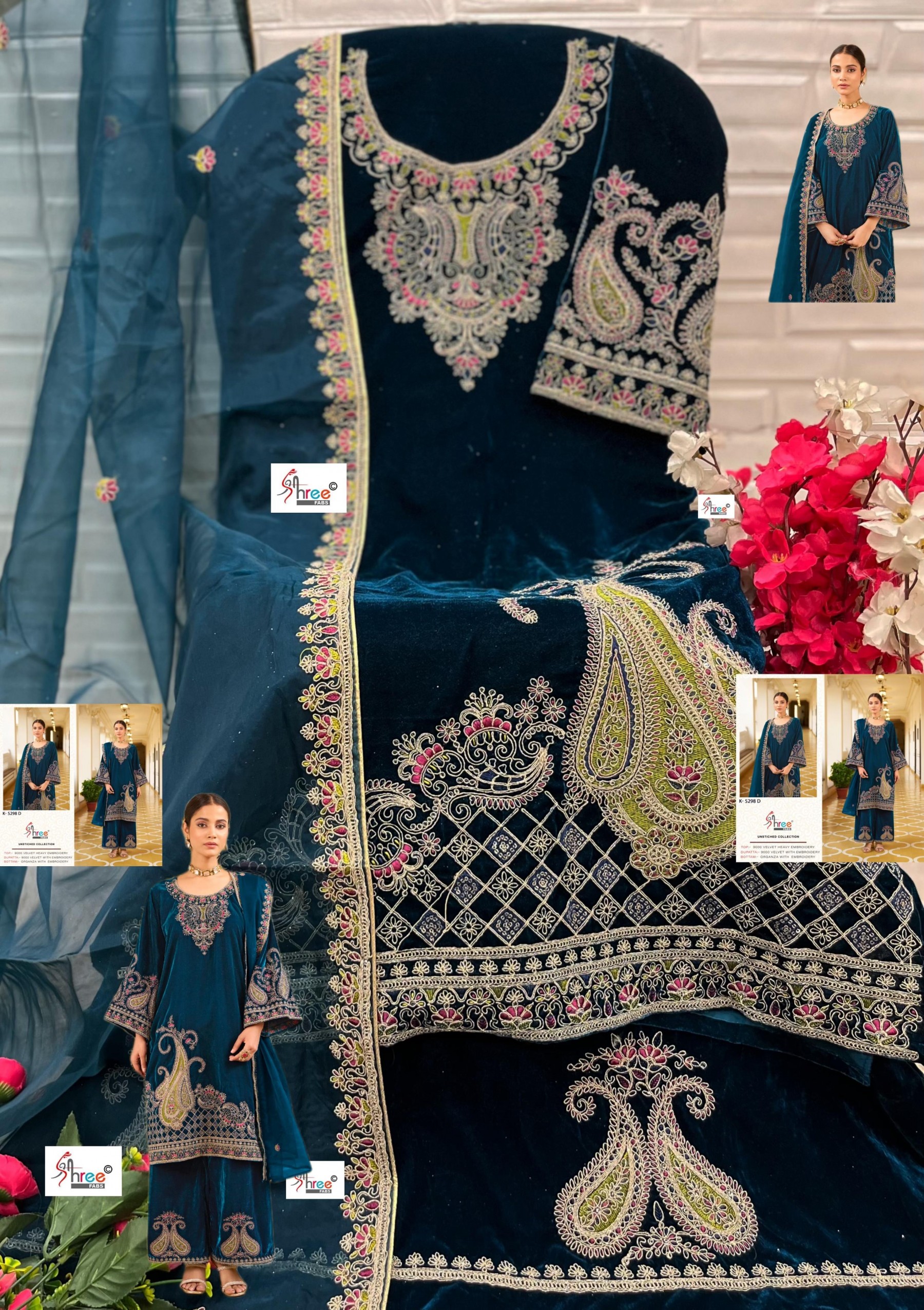 SHREE FABS K 5298 A TO K 5298 D PAKISTANI SUITS 9000 VELVET