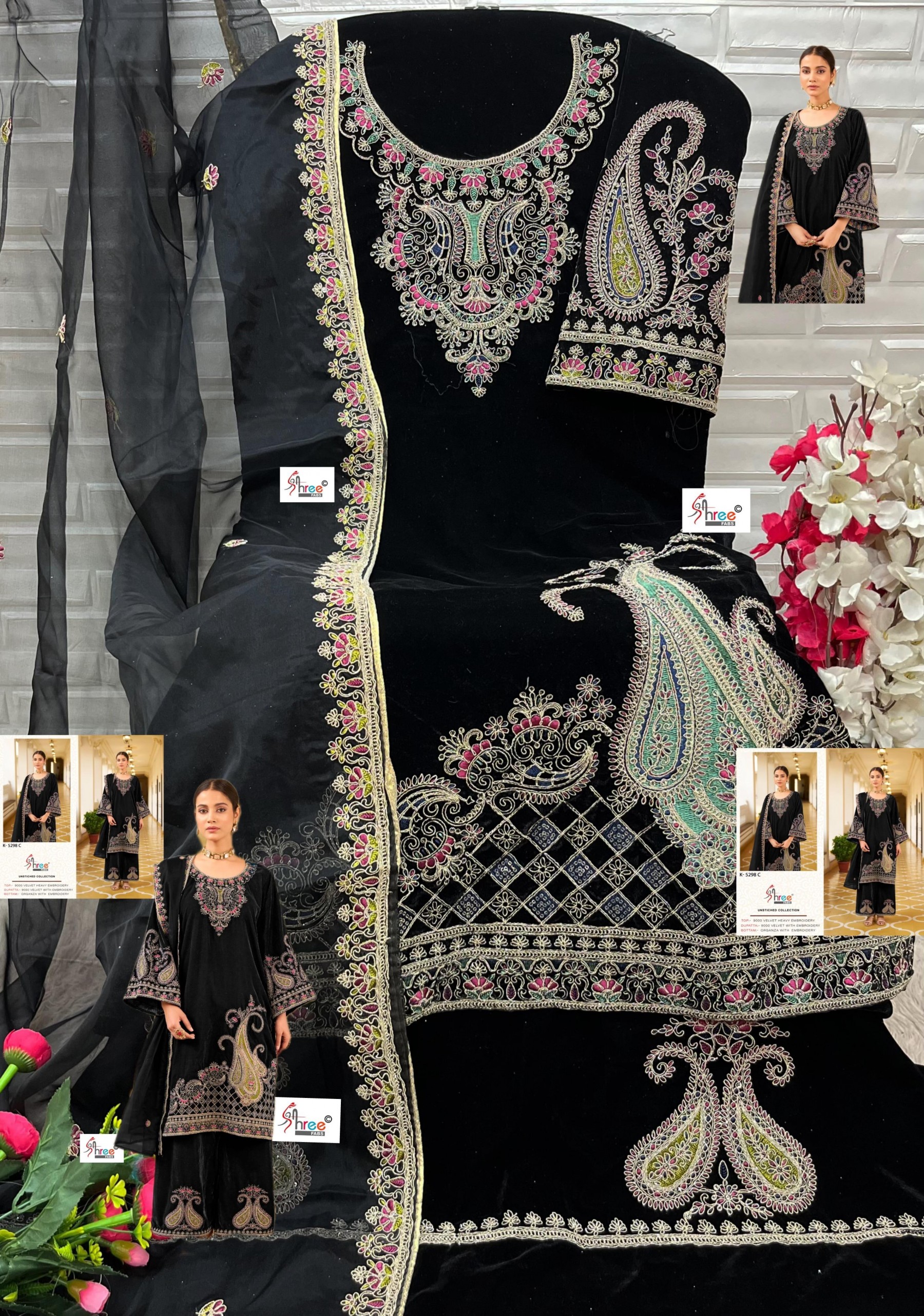SHREE FABS K 5298 A TO K 5298 D PAKISTANI SUITS 9000 VELVET