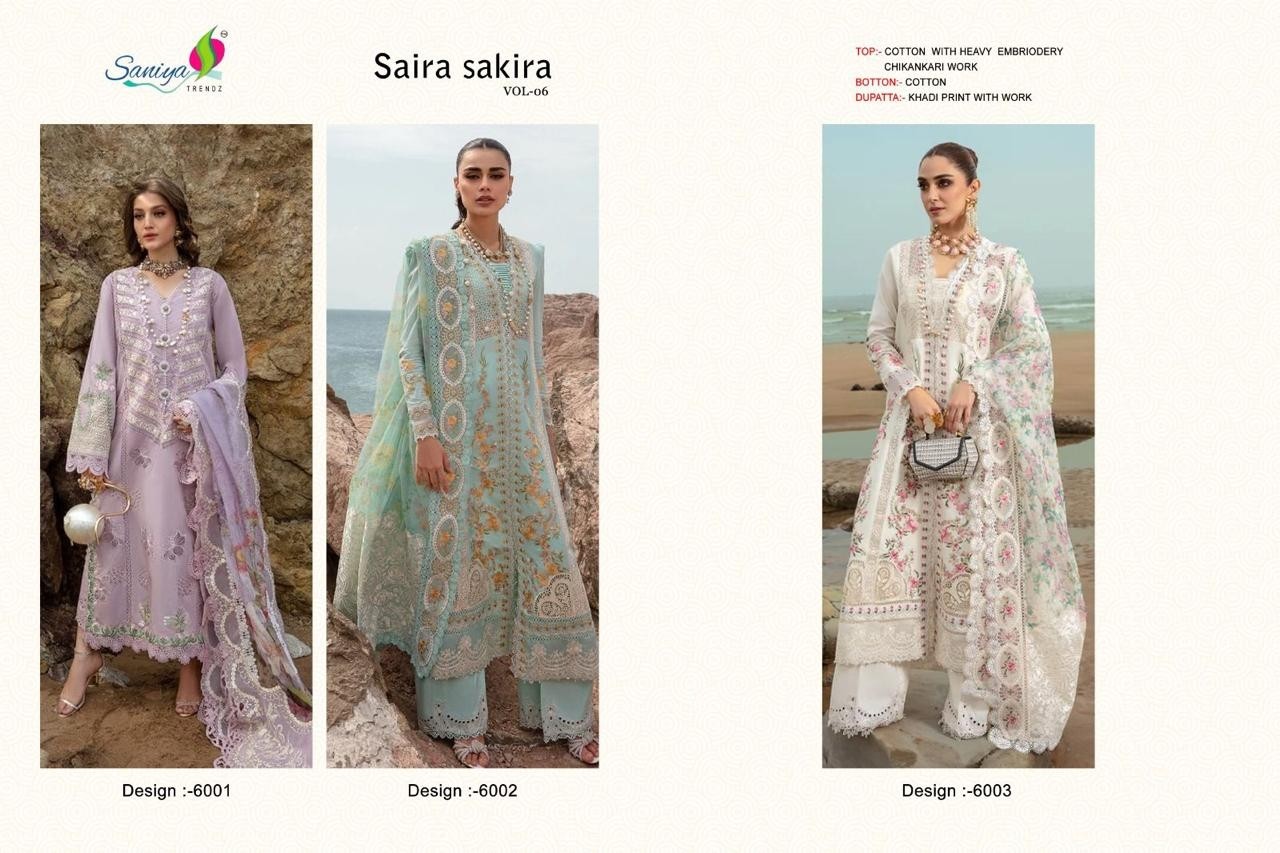 SANIYA TRENDZ 6001 TO 6003 SAIRA SAKIRA VOL 06 LATEST SALWAR SUITS SUPPLIER