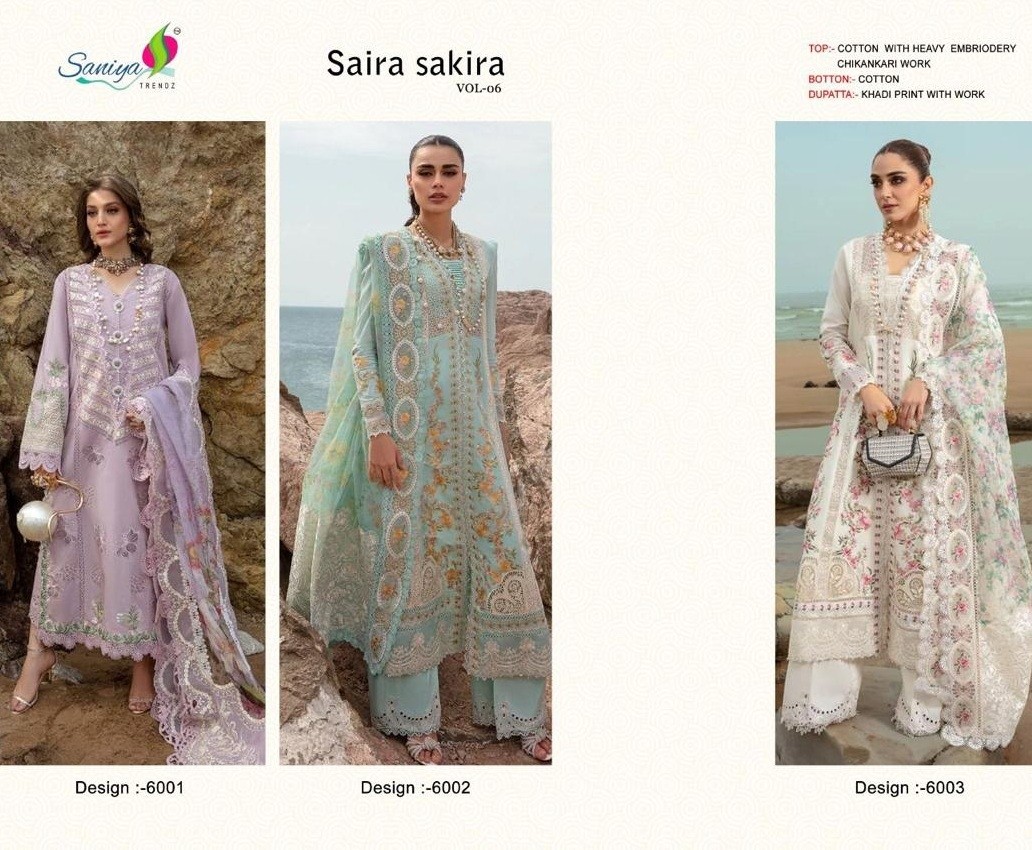 SANIYA TRENDZ 6001 TO 6003 SAIRA SAKIRA VOL 06 LATEST SALWAR SUITS SUPPLIER