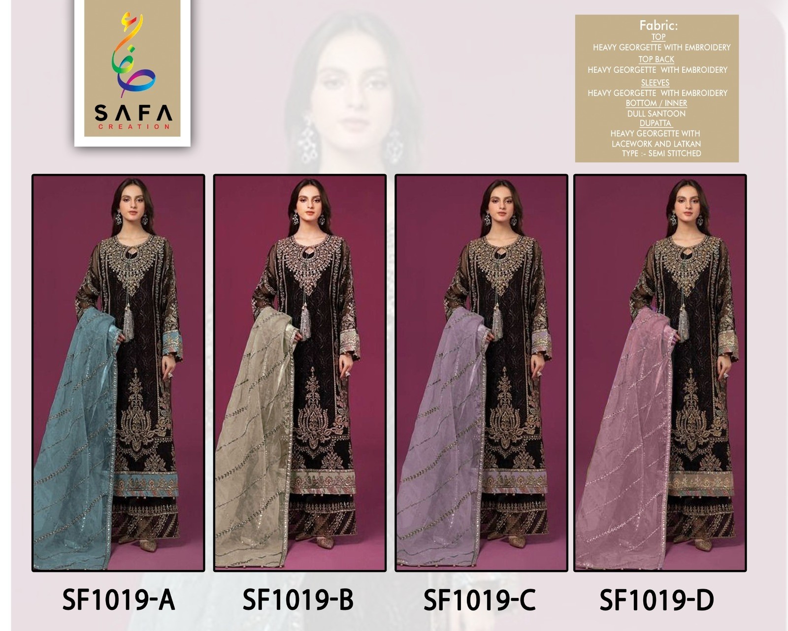 SAFA CREATION SF 1019 A  TO 1019 D PAKISTANI SUITS SINGLE PIECE 