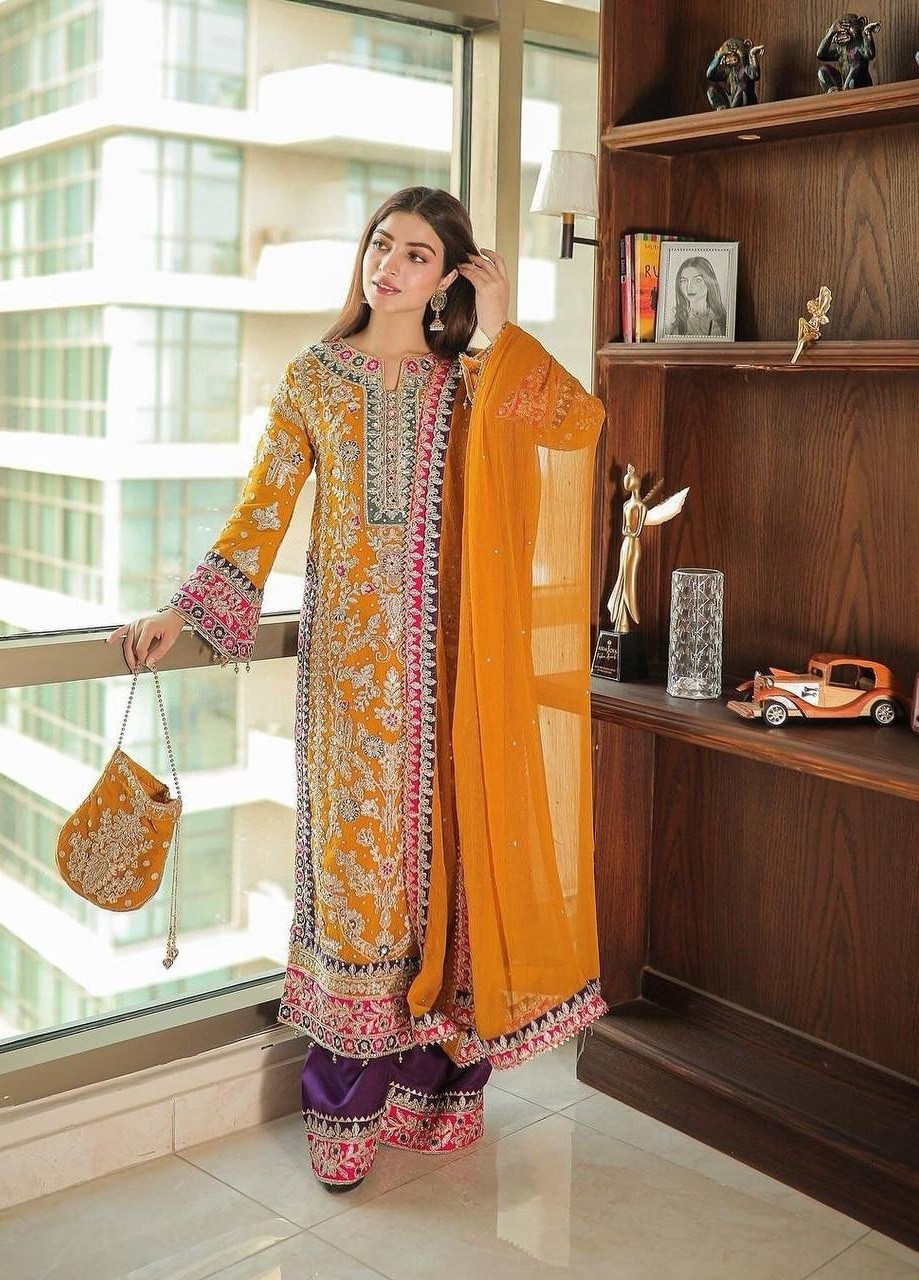 LC 1197 READYMADE PAKISTANI DRESSES YELLOW ONLINE 