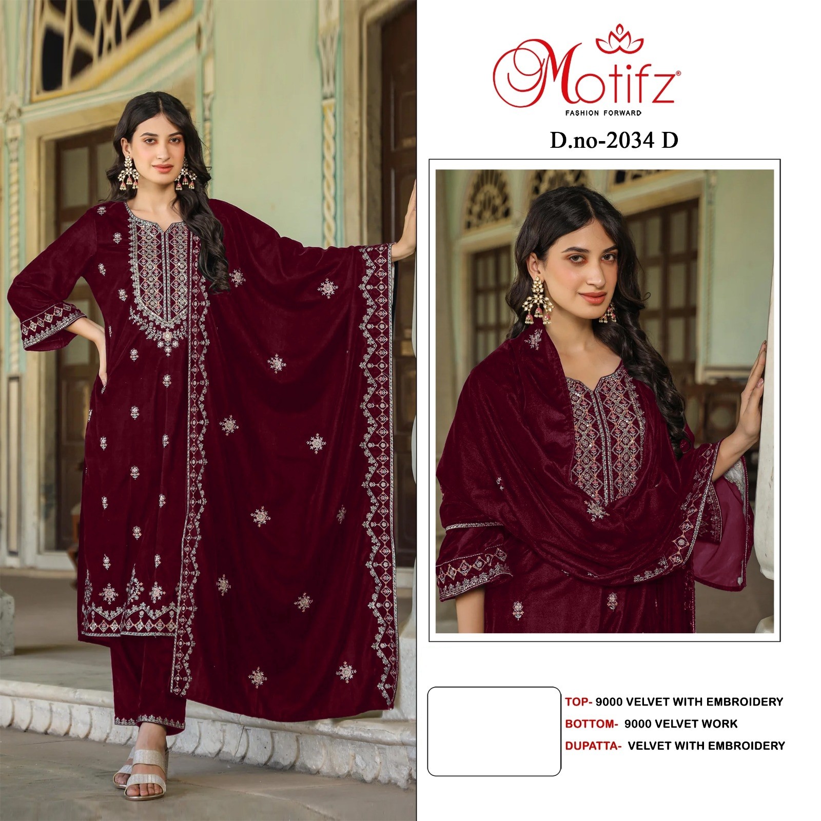 MOTIFZ 2034 D VELVET PAKISTANI SALWAR SUITS RED ONLINE SHOPPING