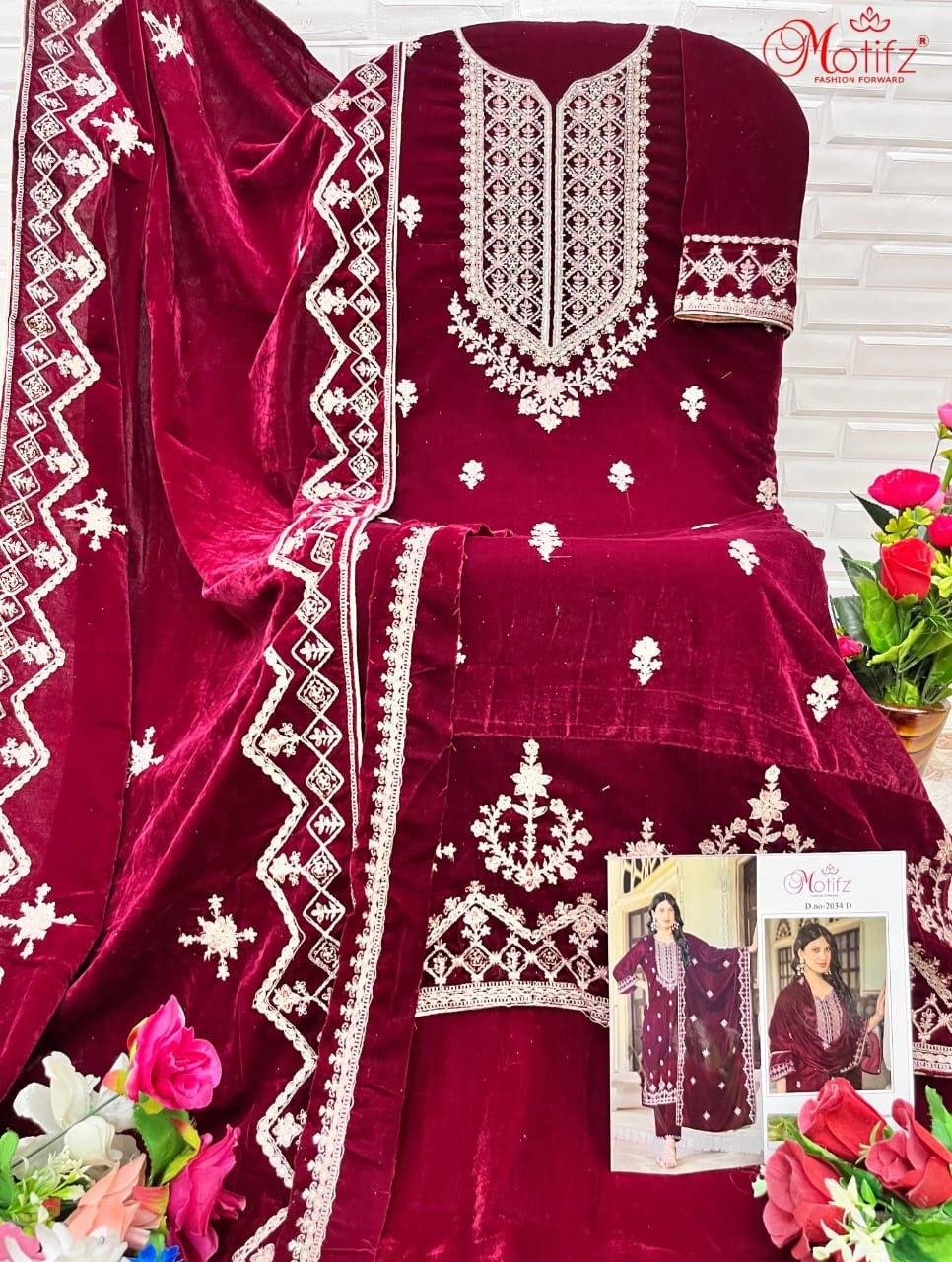 MOTIFZ 2034 D VELVET PAKISTANI SALWAR SUITS RED ONLINE SHOPPING