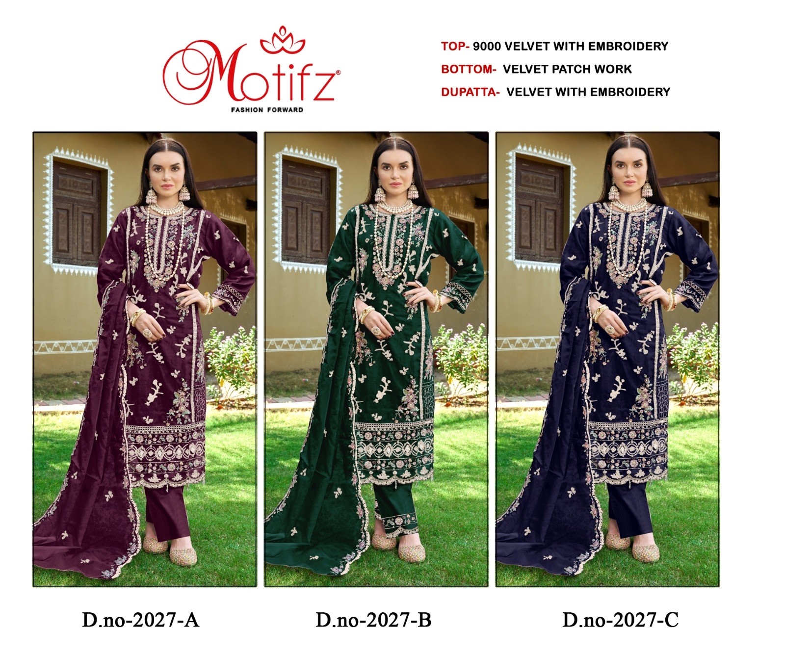 MOTIFZ 2027 A TO 2027 D VELVET PAKISTANI SUITS SINGLE PIECE