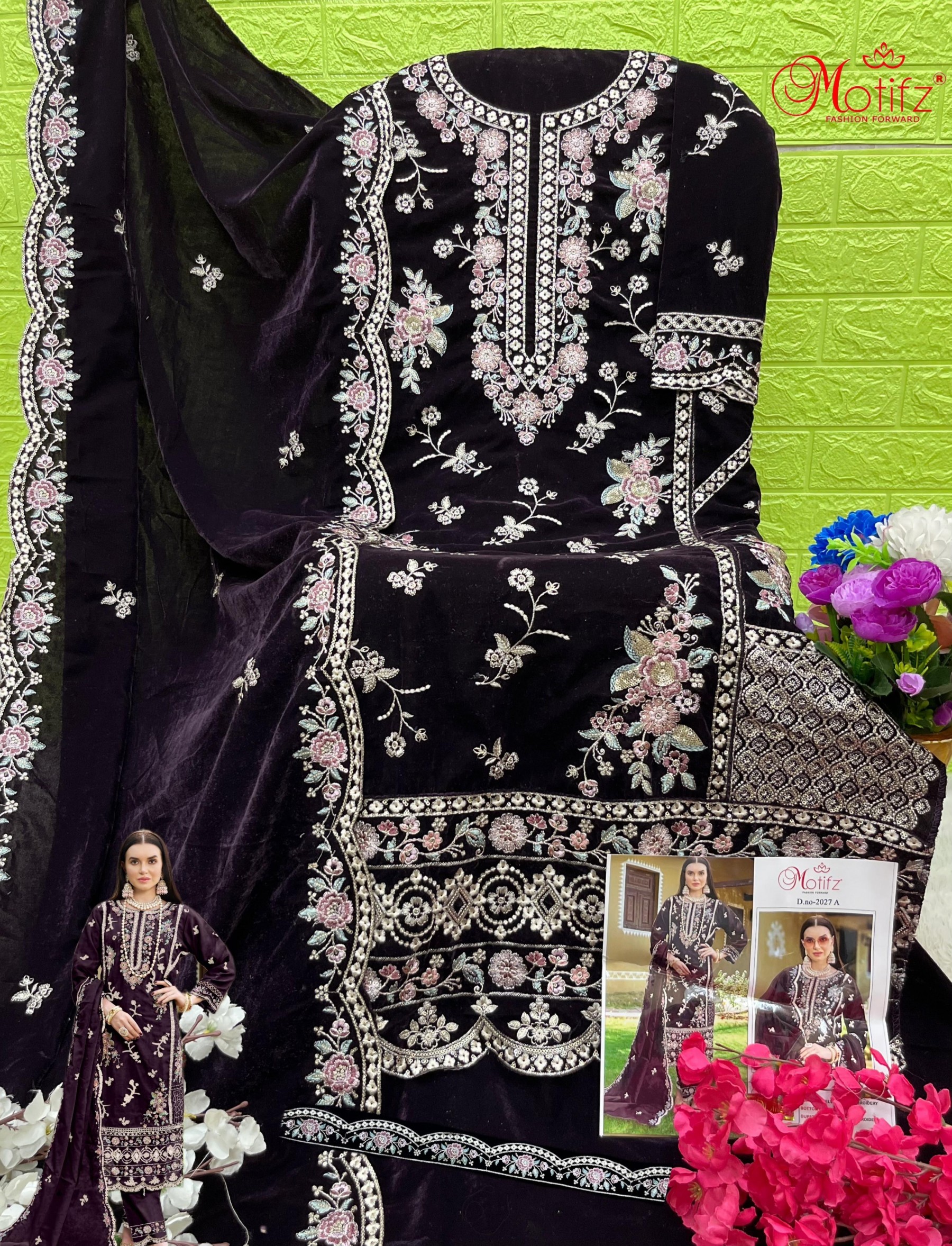 MOTIFZ 2027 A TO 2027 D VELVET PAKISTANI SUITS SINGLE PIECE