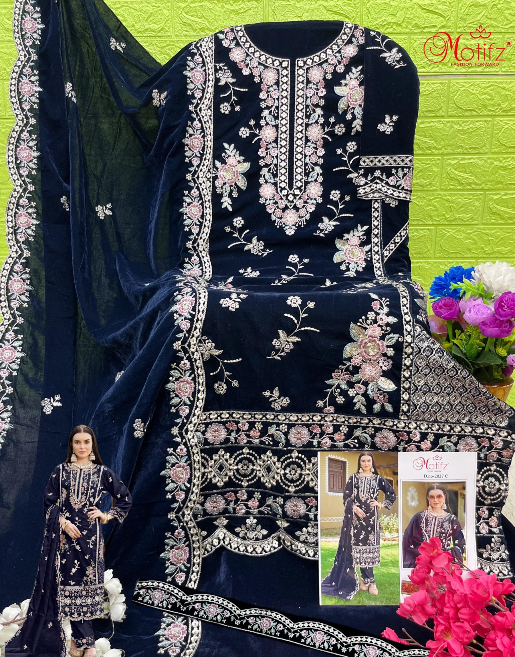 MOTIFZ 2027 A TO 2027 D VELVET PAKISTANI SUITS SINGLE PIECE