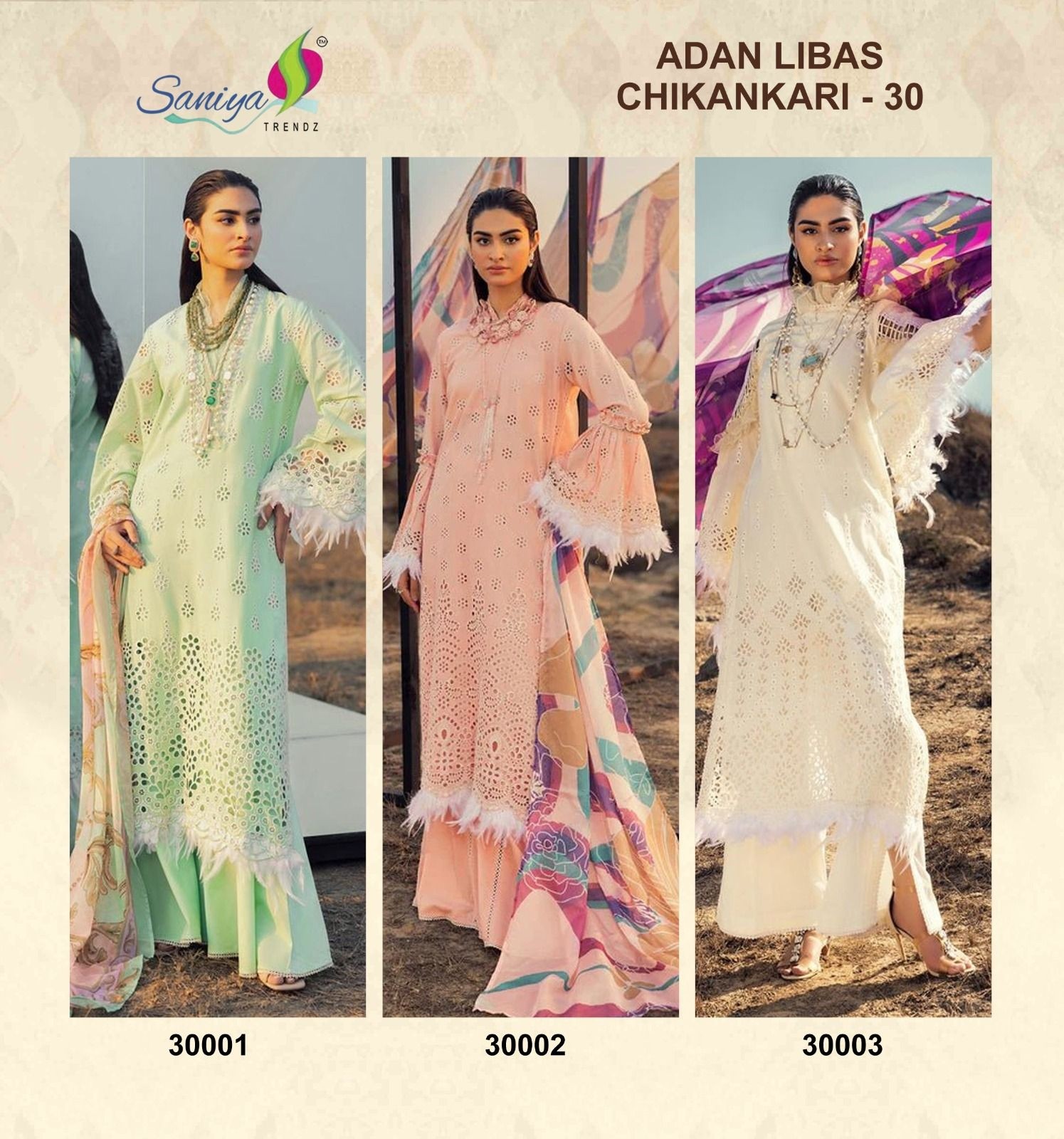 SANIYA TRENDZ 30001 ADAN LIBAS CHIKANKARI 30 PAKISTANI SUITS WHOLESALER 