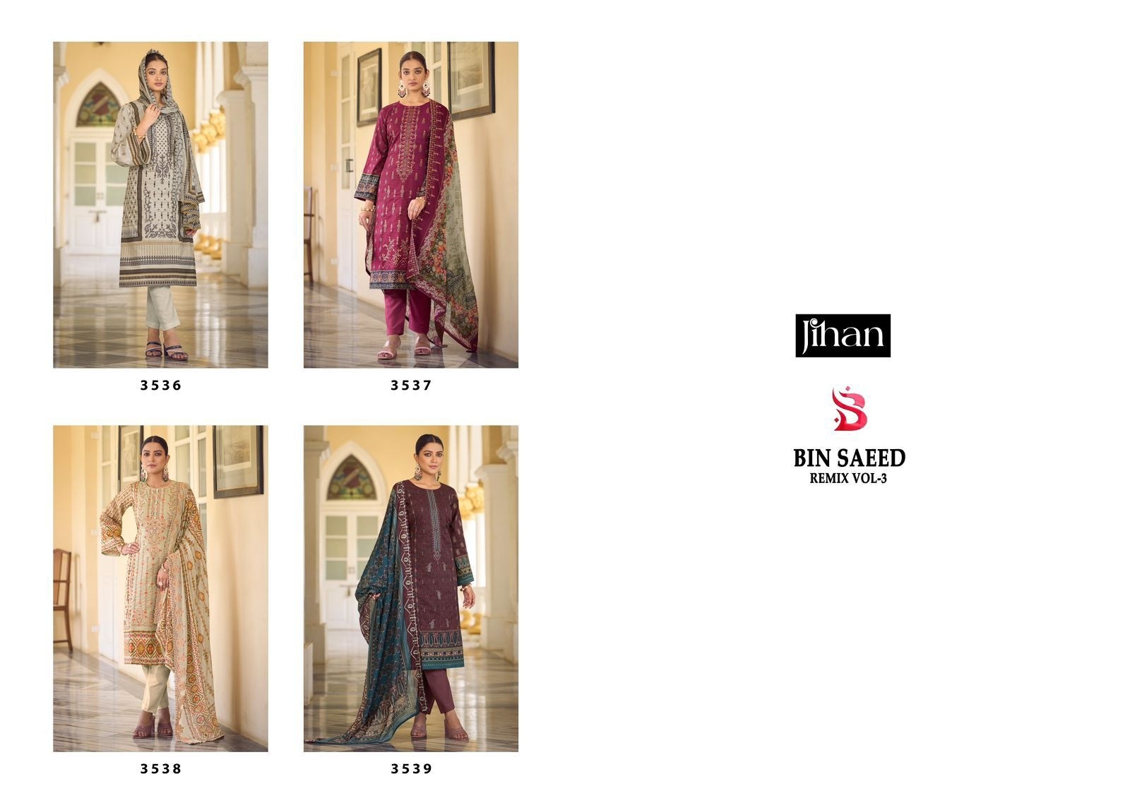 JIHAN 3536 3537 3538 3539 BIN SAEED REMIX VOL 3 PAKISTANI SUITS DEALER