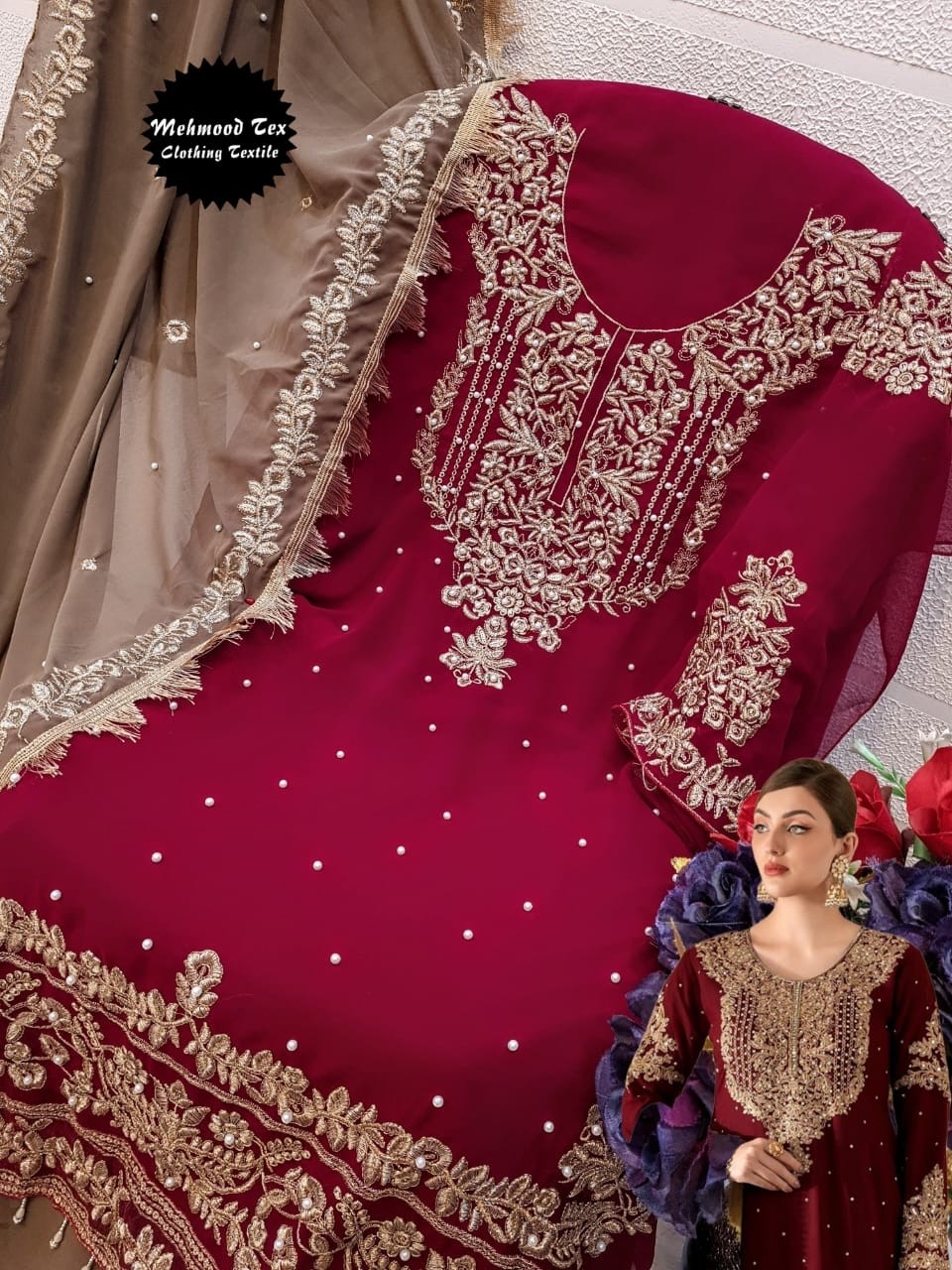 MEHMOOD TEX M 53 MAROON PAKISTANI SUITS WHOLESALE PRICE